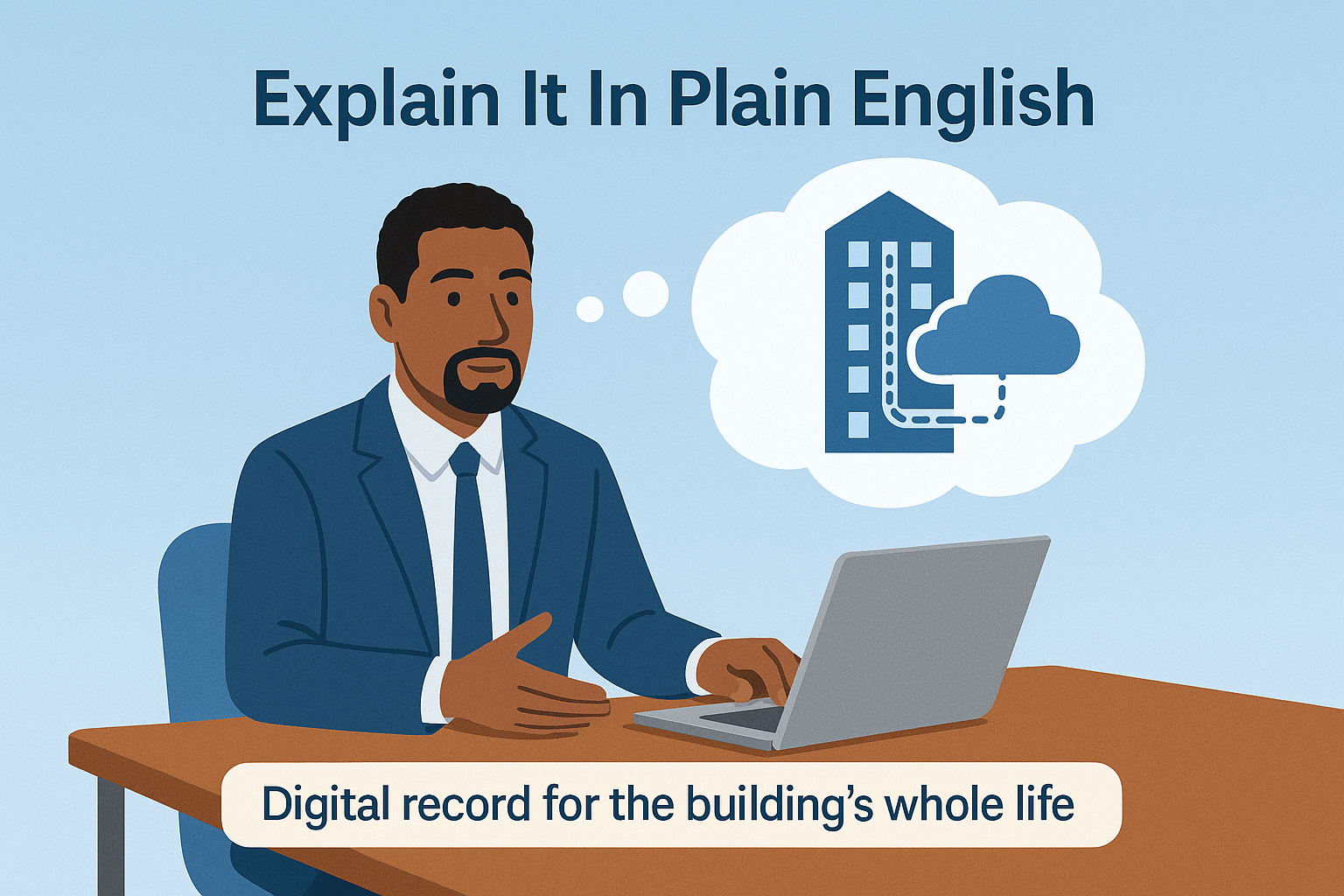 Illustration of a candidate imagining a building with a digital line running to a cloud database, representing the Golden Thread as a lifelong digital safety record