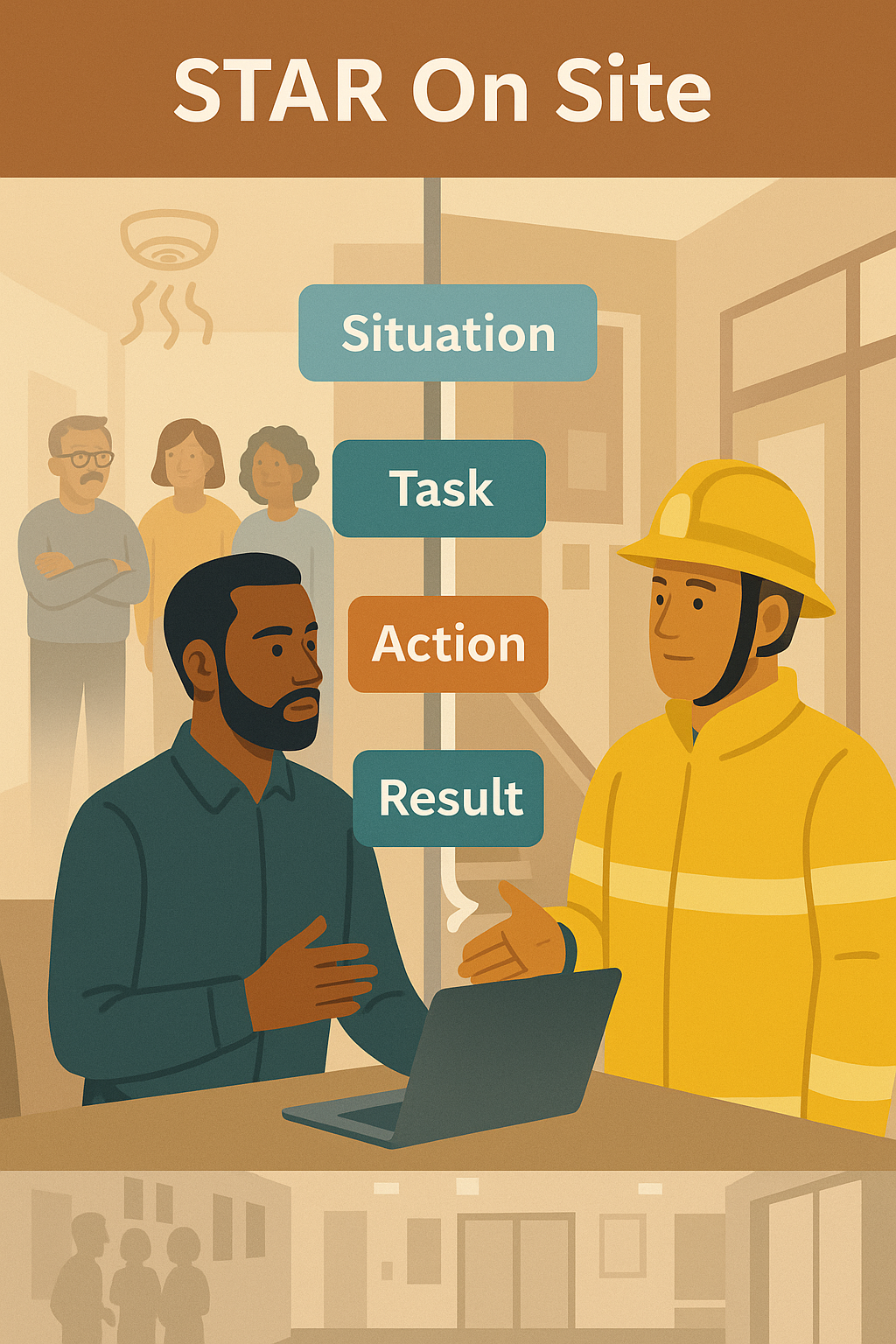 Building safety professional managing a minor incident in a high-rise lobby, with a STAR overlay highlighting Situation, Task, Action and Result as a structured way to answer scenario questions