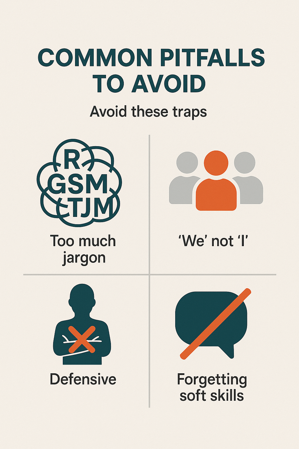 Four-box grid highlighting interview pitfalls: excessive jargon, overusing “we,” defensive attitude and ignoring soft skills, each with a simple warning icon