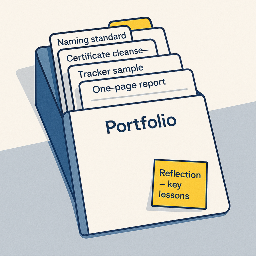 Illustration of an organised digital safety portfolio with sections for naming standard, certificate cleanse, tracker sample and one-page report