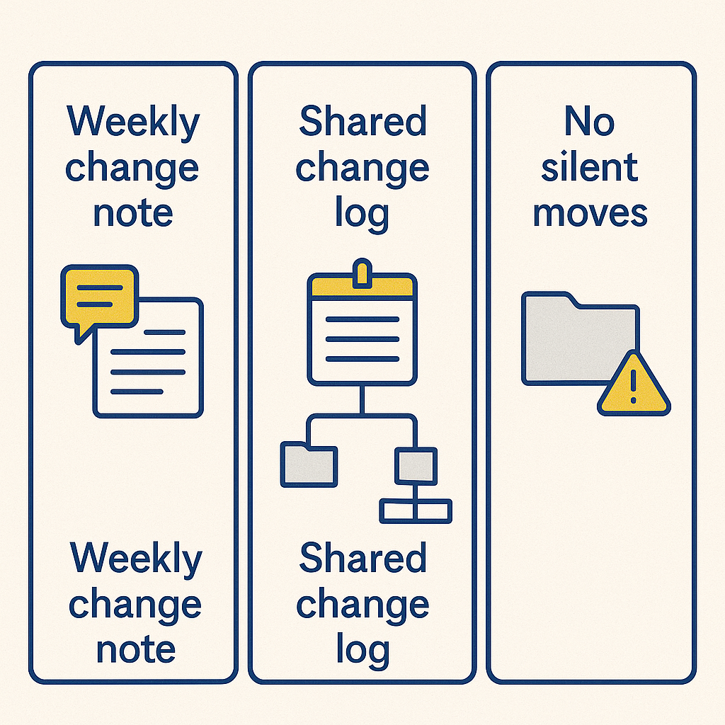 Infographic with three panels showing a weekly change note message, a shared change log and a warning against silently moving folders Digital Safety