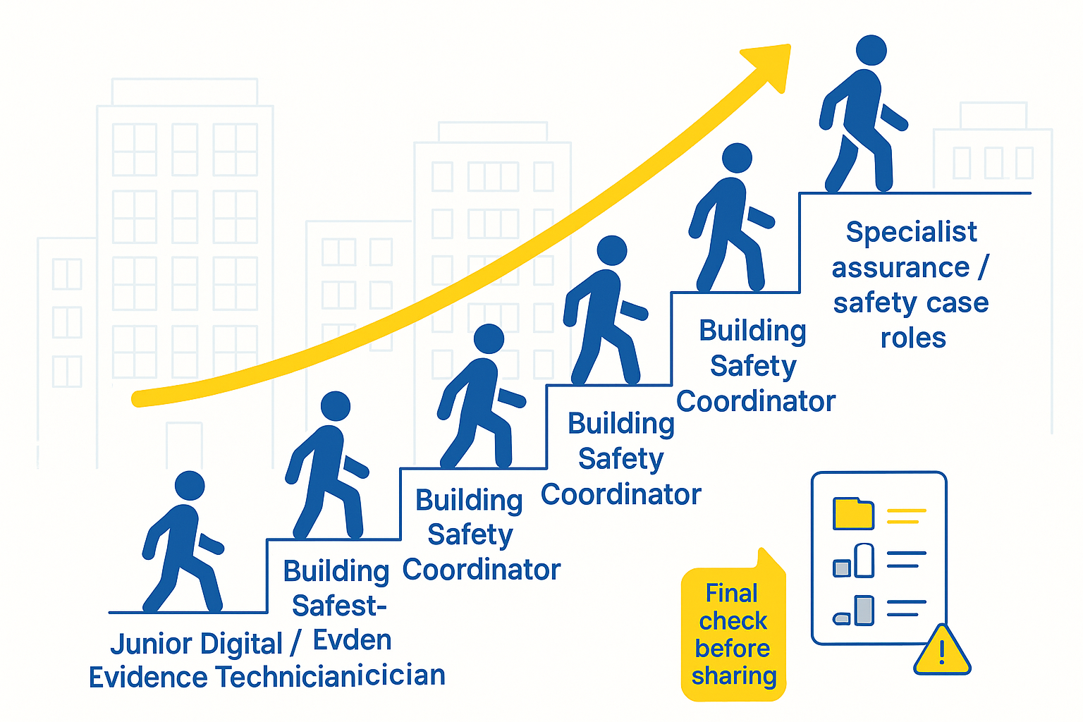 Career ladder illustration showing progression from junior digital safety role to building safety coordinator and specialist assurance roles