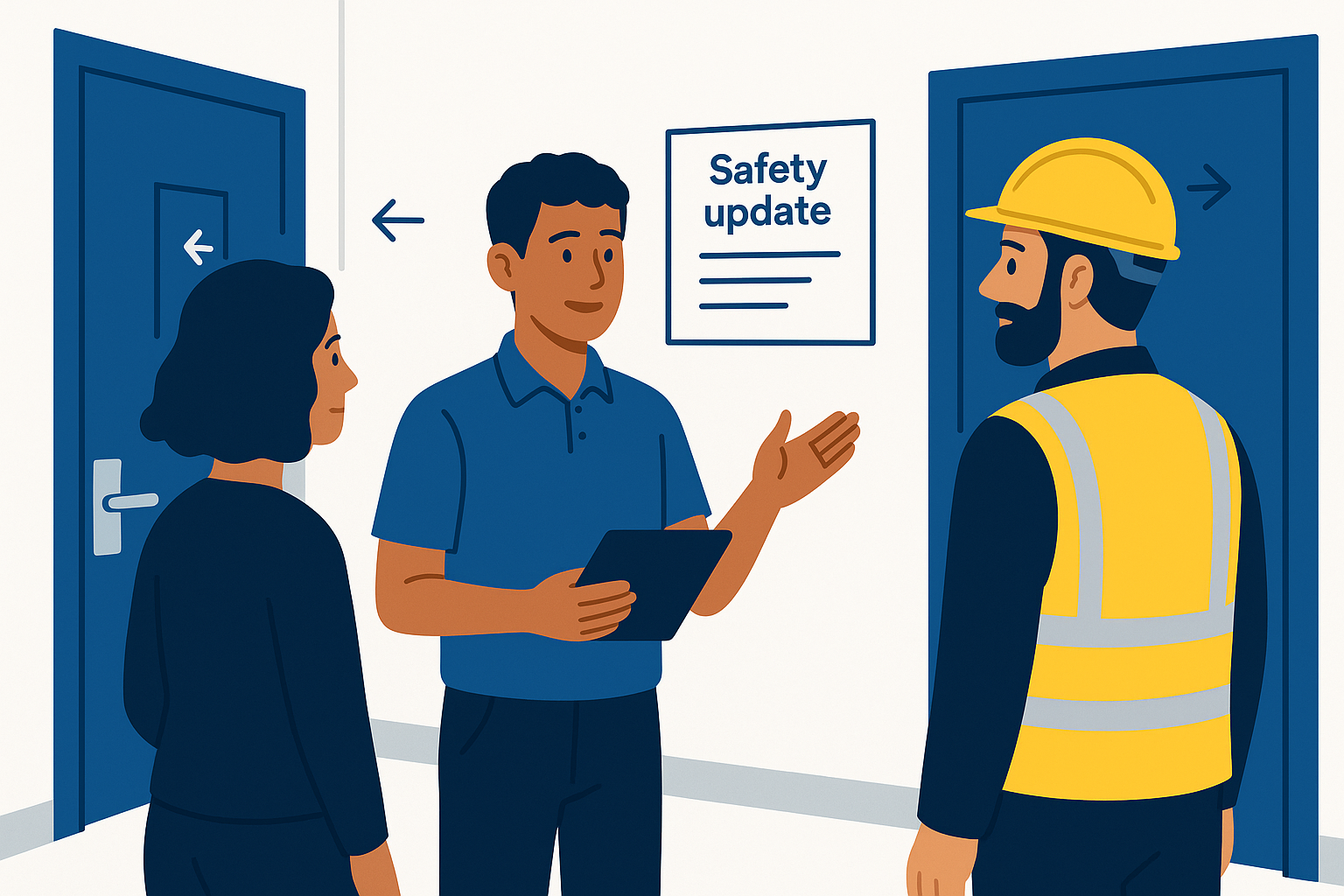 Young building safety assistant giving a short safety briefing in a corridor to a resident and a contractor, with fire doors visible in the background