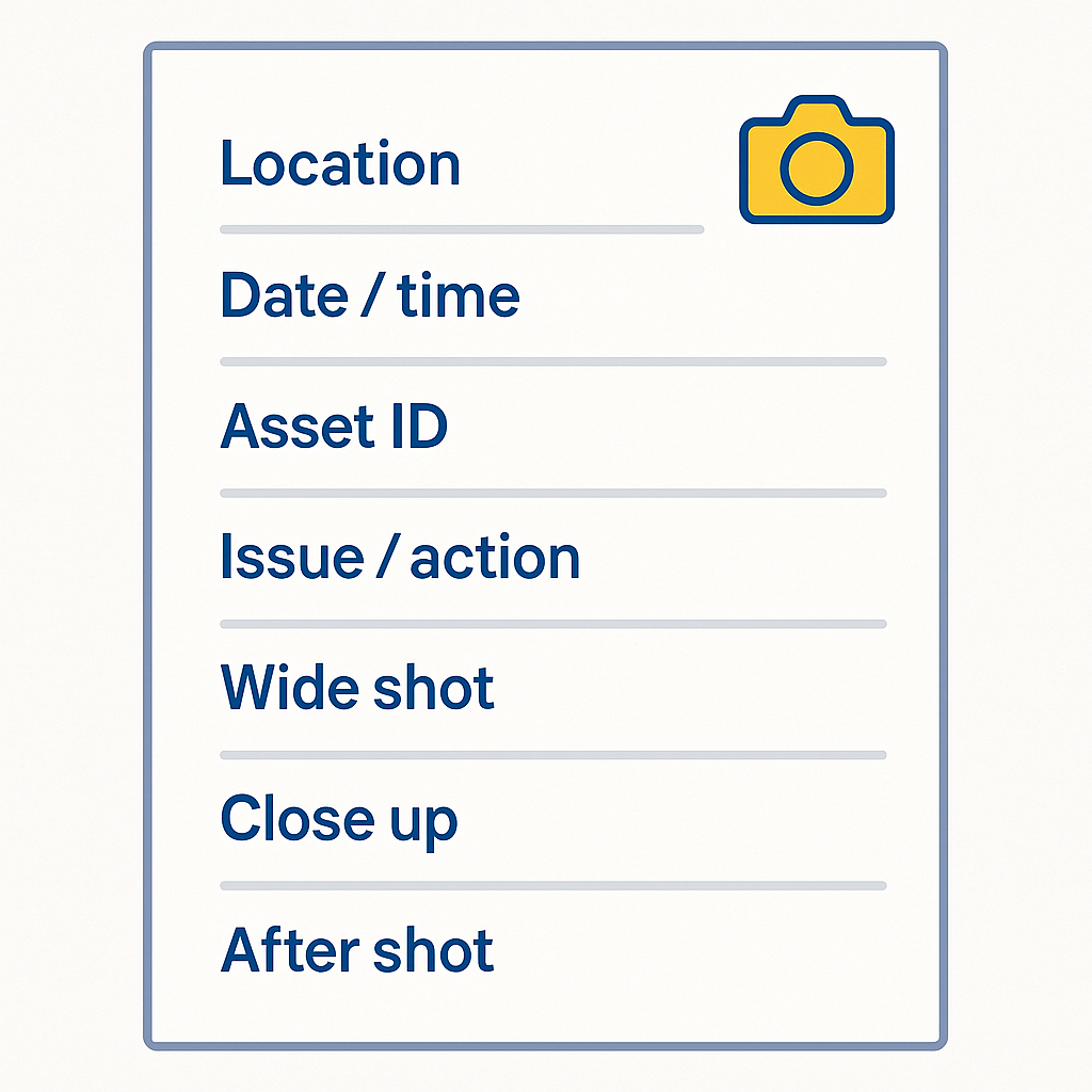Graphic checklist showing fields for location, date, asset ID, issue, wide shot, close up, after shot and caption