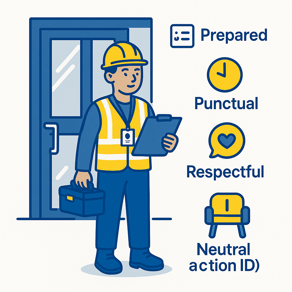 Illustration of a junior building safety worker arriving prepared with PPE, notebook and checklist at a building entrance