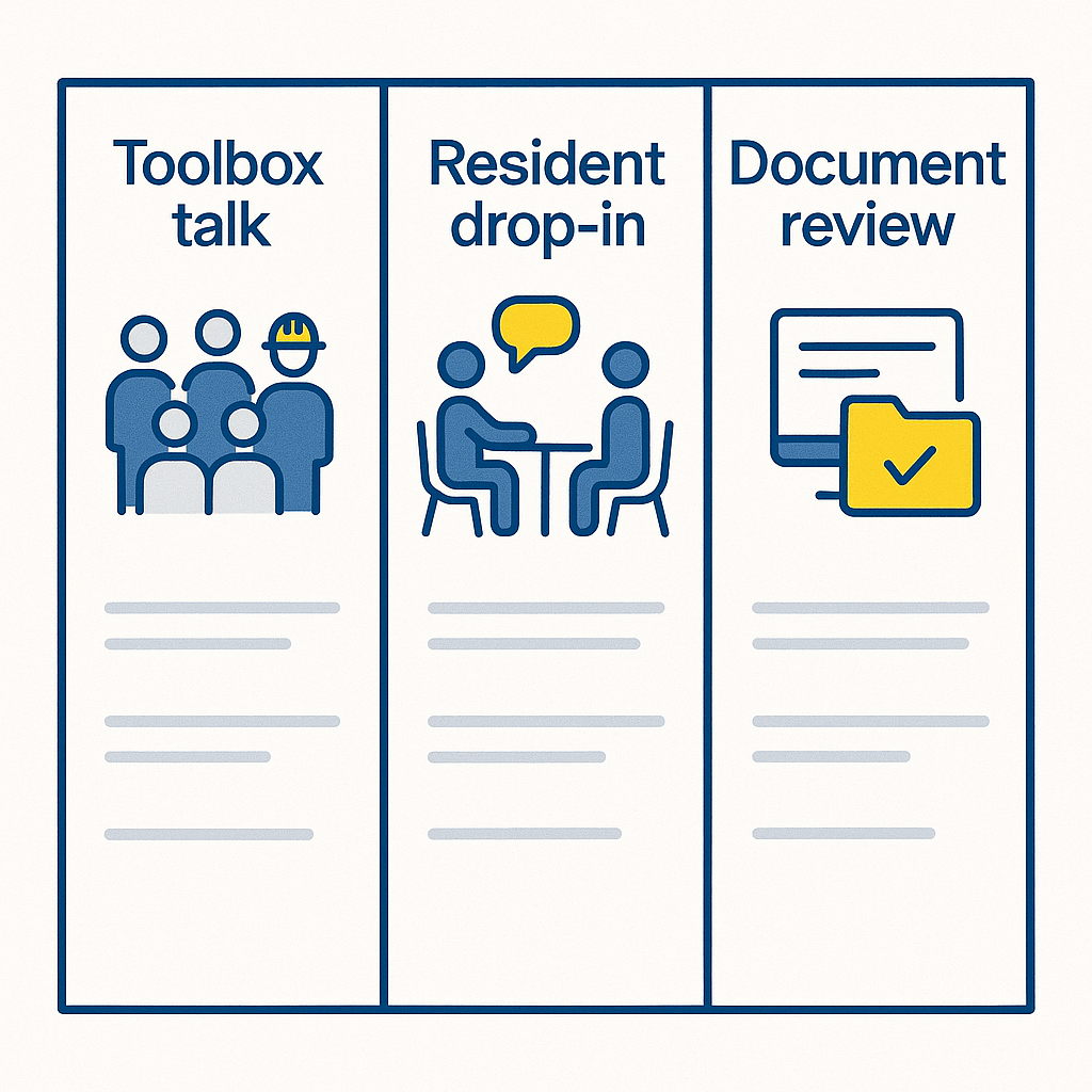 Three-panel infographic showing toolbox talk, resident drop-in and document review as shadowing scenarios
