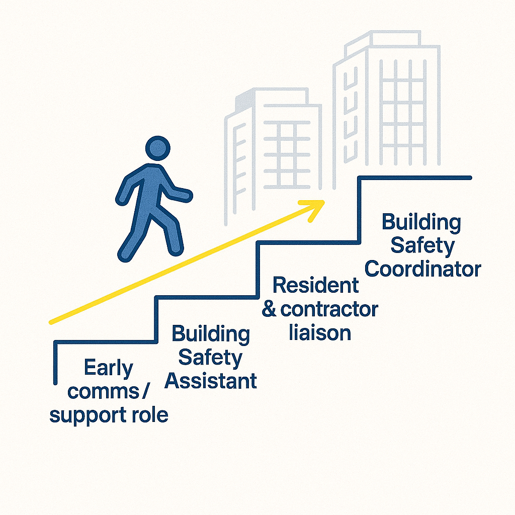 Career ladder showing progression from junior building safety communication role to coordinator and manager roles