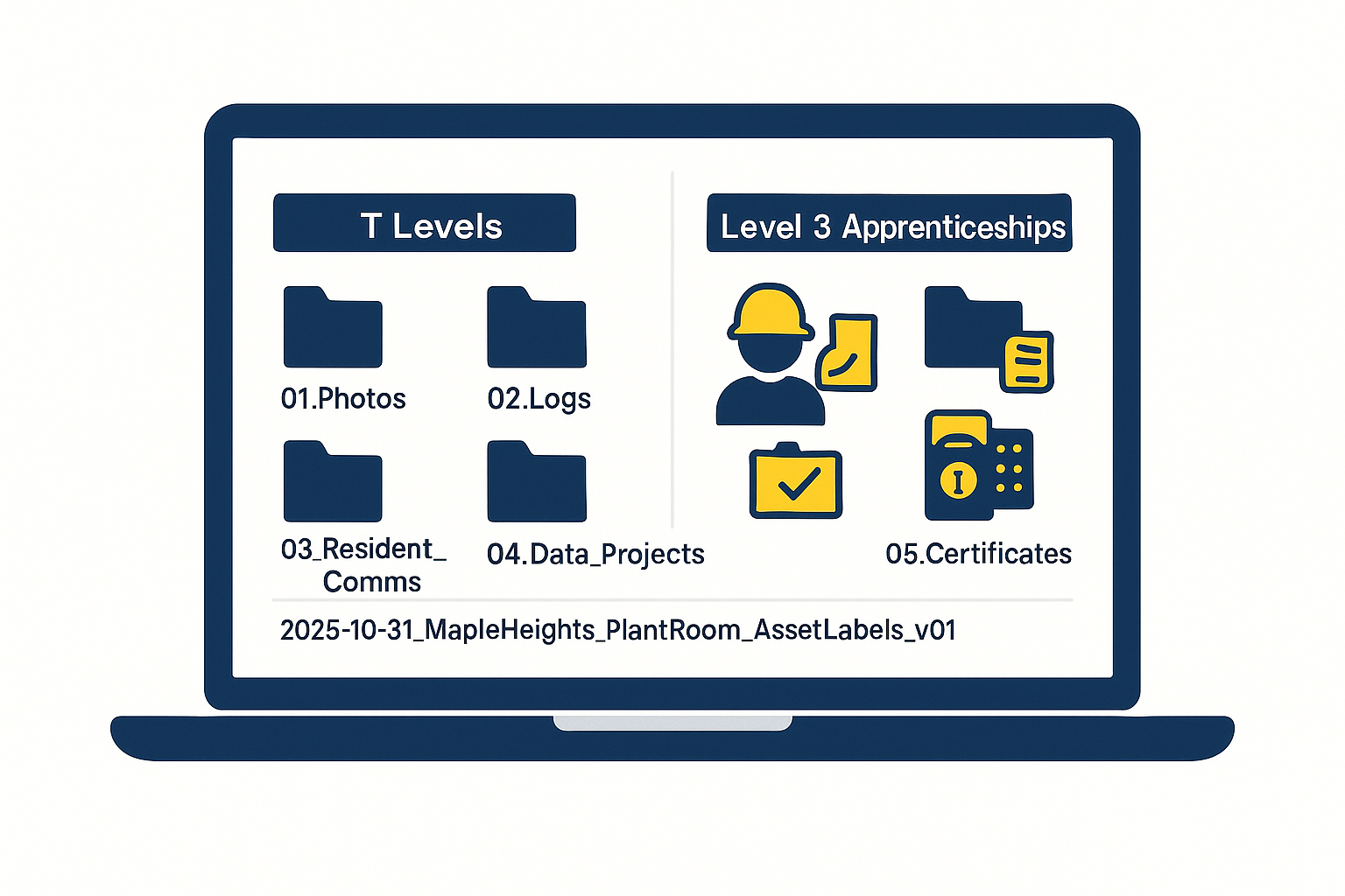 Flat digital illustration of a laptop screen showing a neatly organised folder structure and clear file names for a building safety starter portfolio for Building Safety Apprenticeships