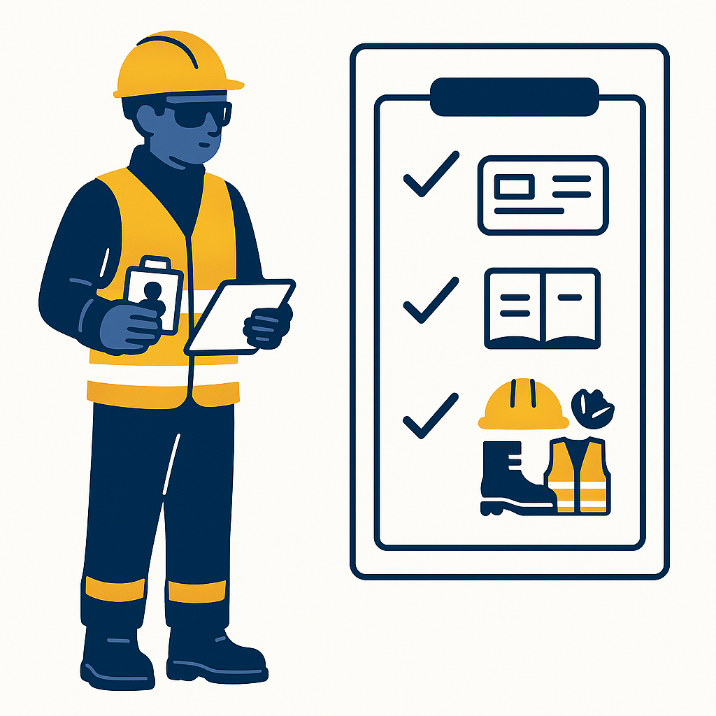 Flat illustration of a young apprentice undergoing a Building Safety Apprenticeships in full PPE beside icons for CSCS card, CITB training and PPE, showing site readiness.