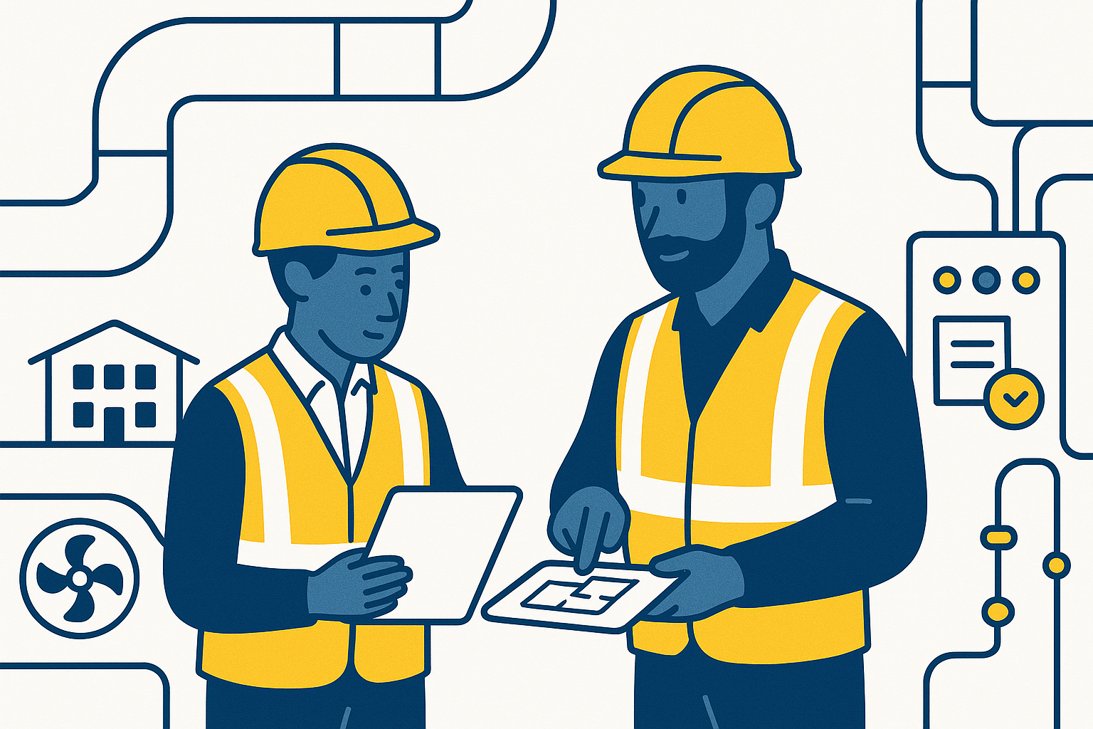 BSJ-style illustration of a young learner in a plant room with an engineer, looking at building services equipment and a digital checklist for a Building Safety Apprenticeships