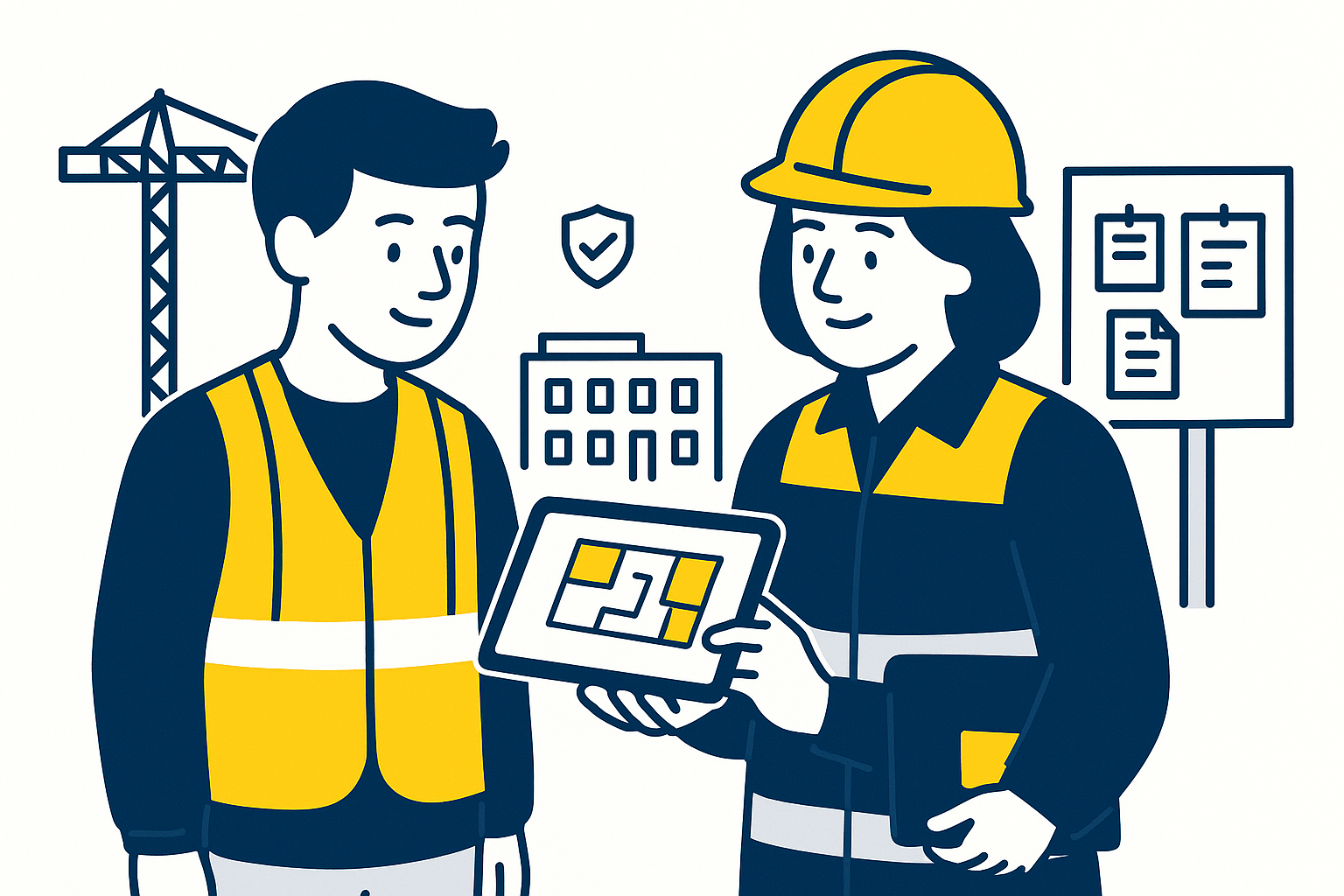 Flat illustration of a T Level Building Safety Apprenticeships student shadowing a building safety mentor on site, reviewing plans on a tablet as part of a placement.