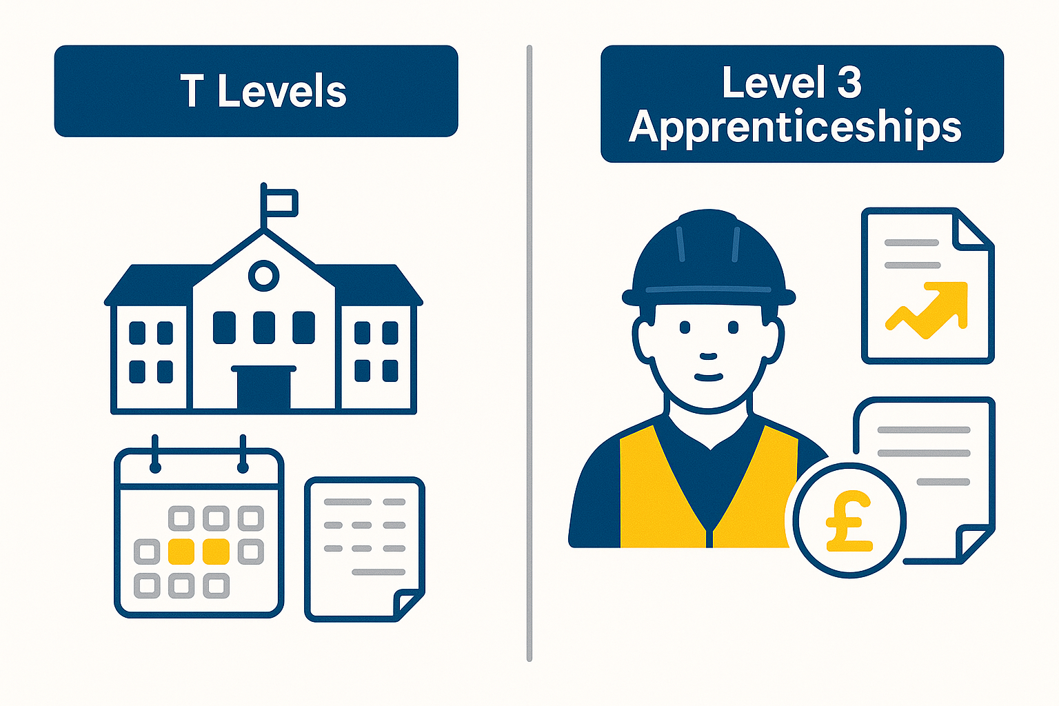 Split BSJ-branded infographic comparing T Levels on one side and Level 3 Building Safety Apprenticeships on the other using simple icons for college study and paid site work