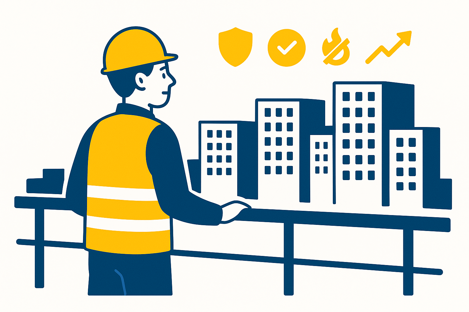 BSJ-style illustration of a young trainee in PPE looking over a city skyline with safety and growth icons, showing the value of Building Safety Apprenticeships