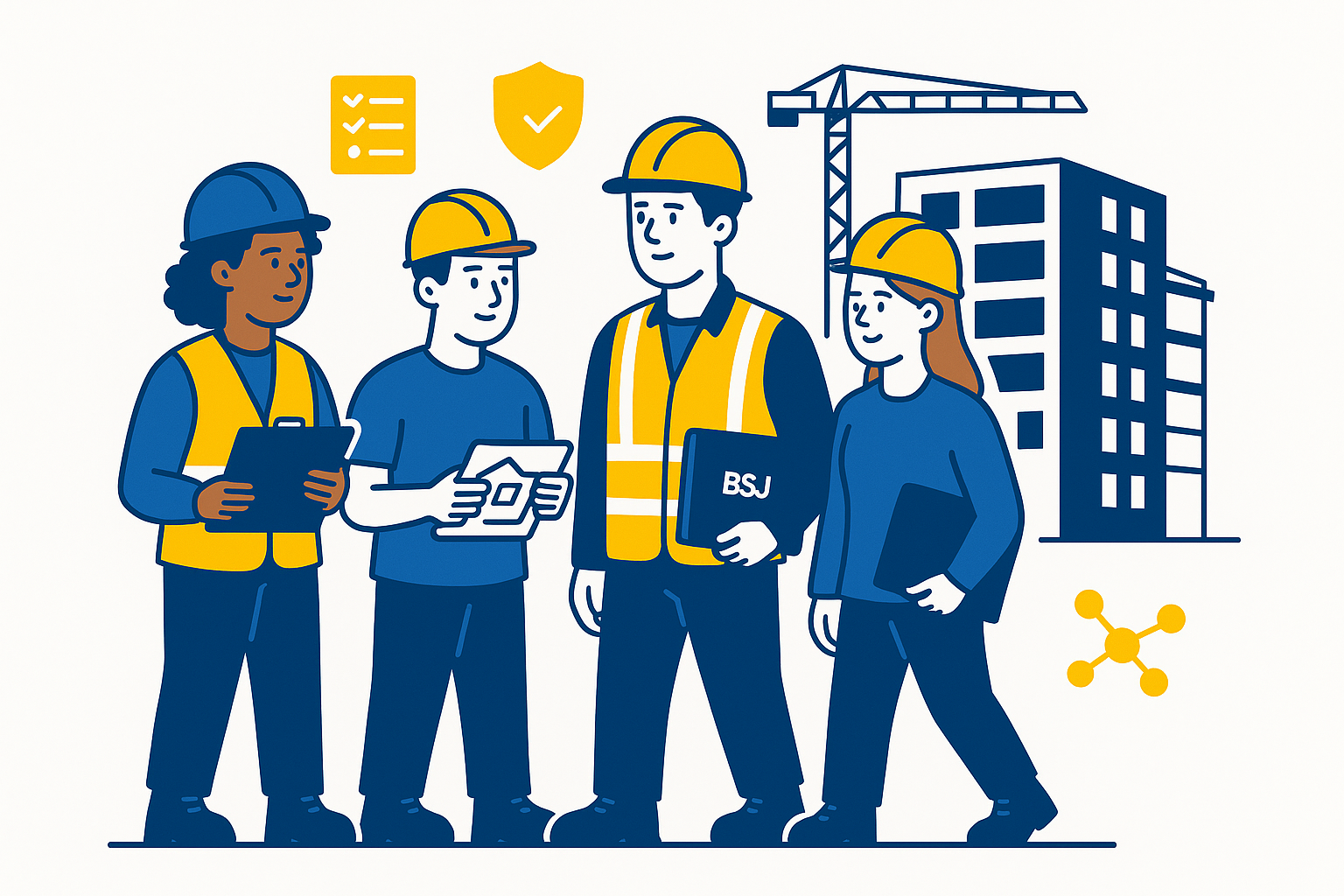 Flat BSJ-branded illustration of a diverse group of 16–19 year-olds in PPE standing near a modern construction site, representing Building Safety Apprenticeships