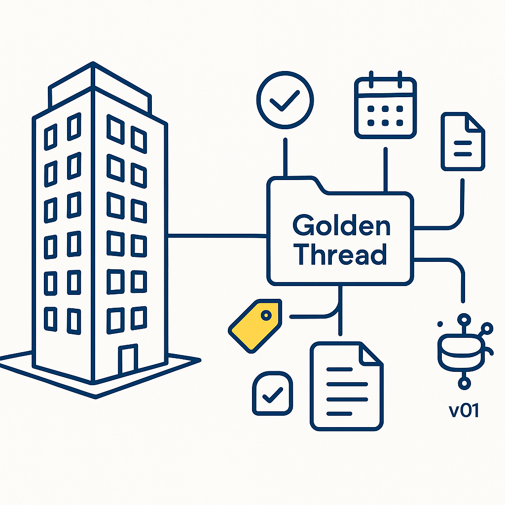 BSJ-style illustration of a building connected by clean digital lines to a central ‘Golden Thread’ folder with metadata and version icons