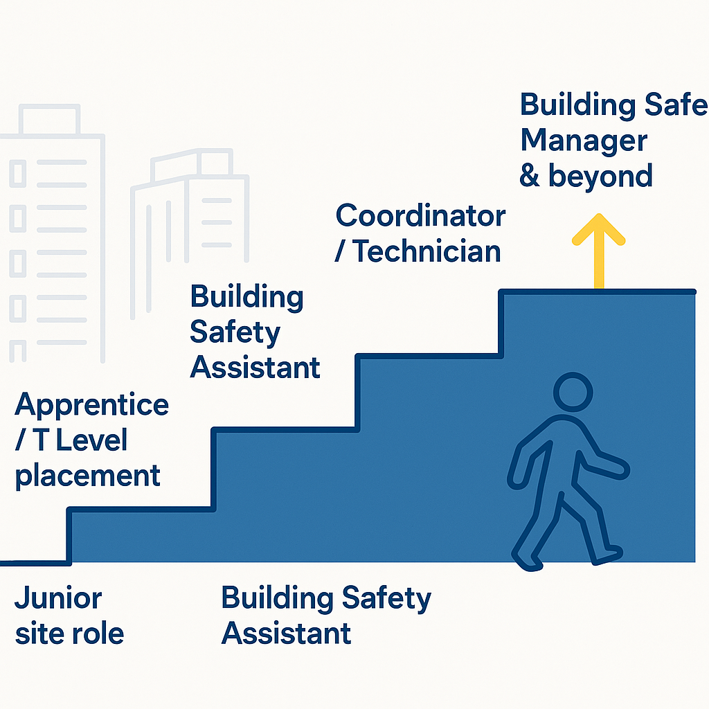 Flat BSJ-branded career ladder graphic showing progression from junior site roles and Building Safety Apprenticeships to building safety manager and beyond.