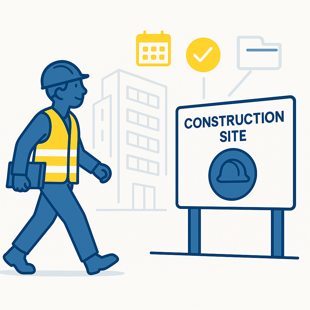 BSJ-branded illustration of a confident apprentice in PPE walking towards a construction site, with subtle icons for planning and evidence, symbolising next steps in a building safety career/ Building Safety Apprenticeships
