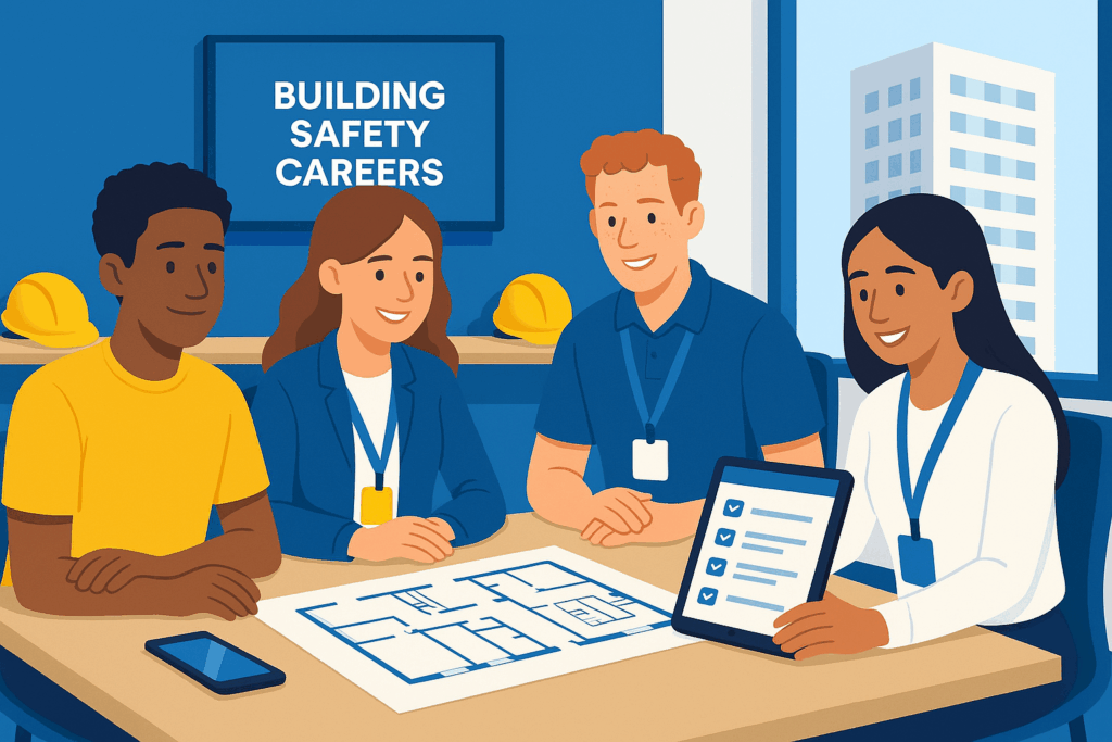 Group of young apprentices reviewing building plans and a digital checklist in a modern training room, representing building safety career pathways