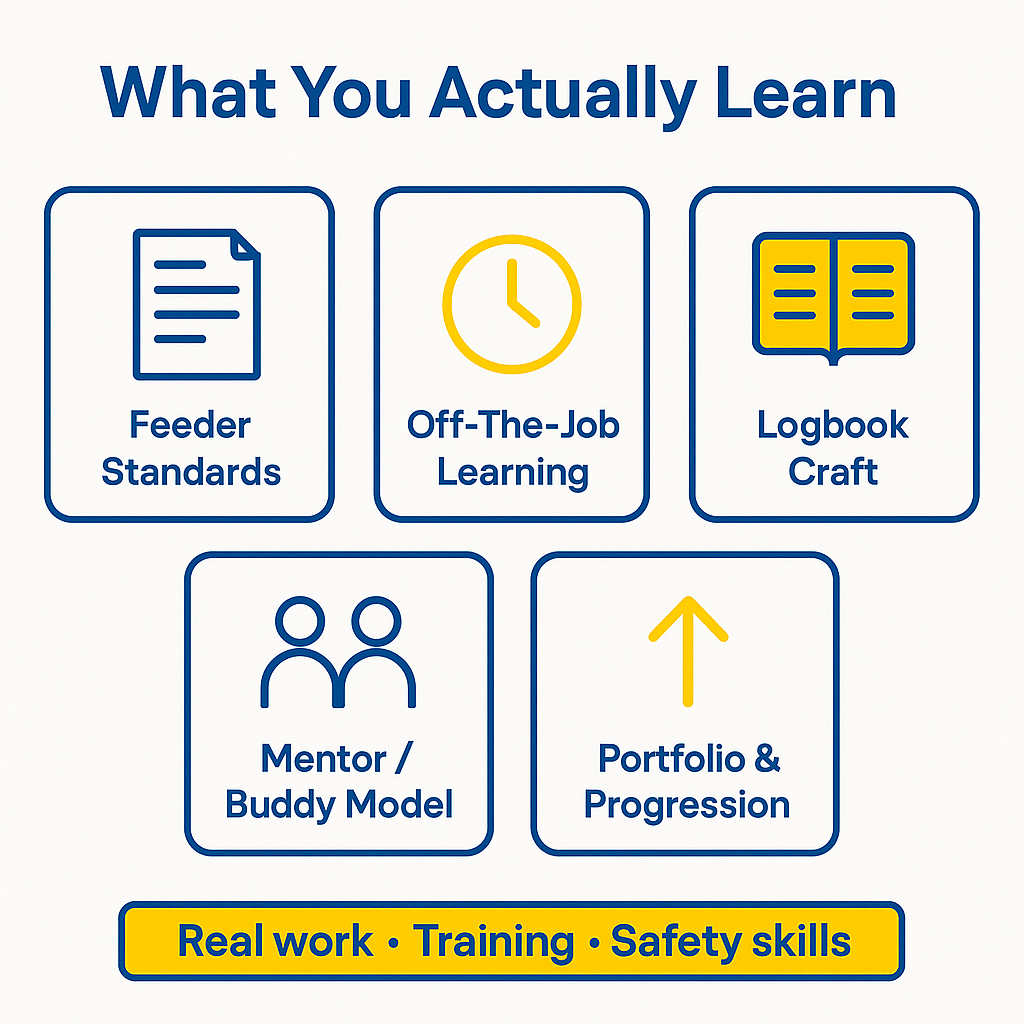 Infographic with five tiles summarising feeder standards, off-the-job learning, logbook craft, mentor support and progression routes