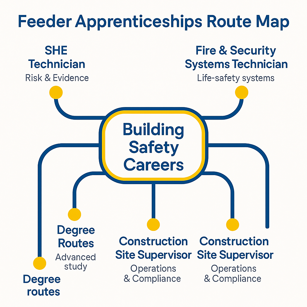 Stylised route map showing SHE, fire and security, facilities and site supervisor apprenticeships all feeding into building safety careers