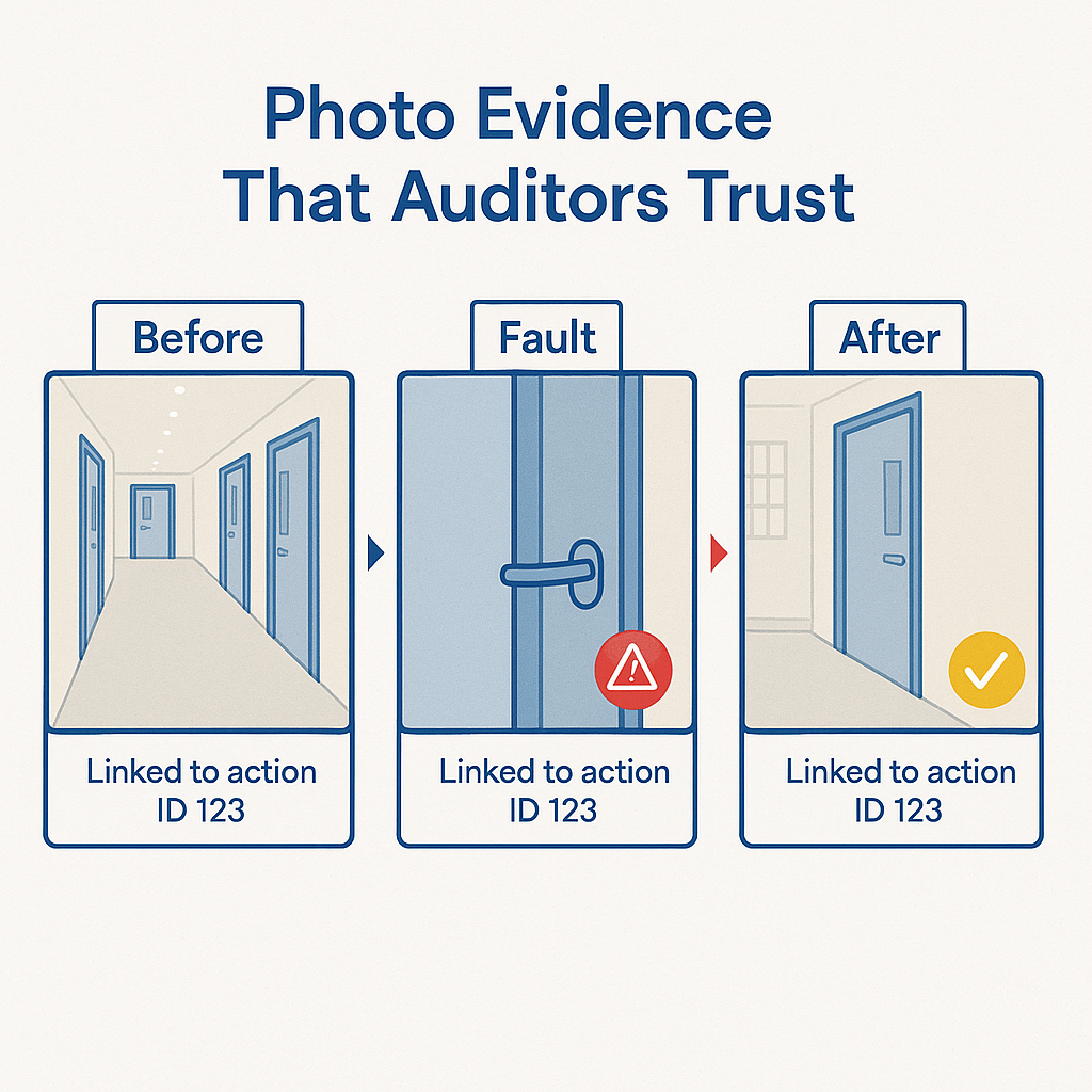 Three-step photo sequence showing before, fault and after shots of a fire door repair, each with clear captions
