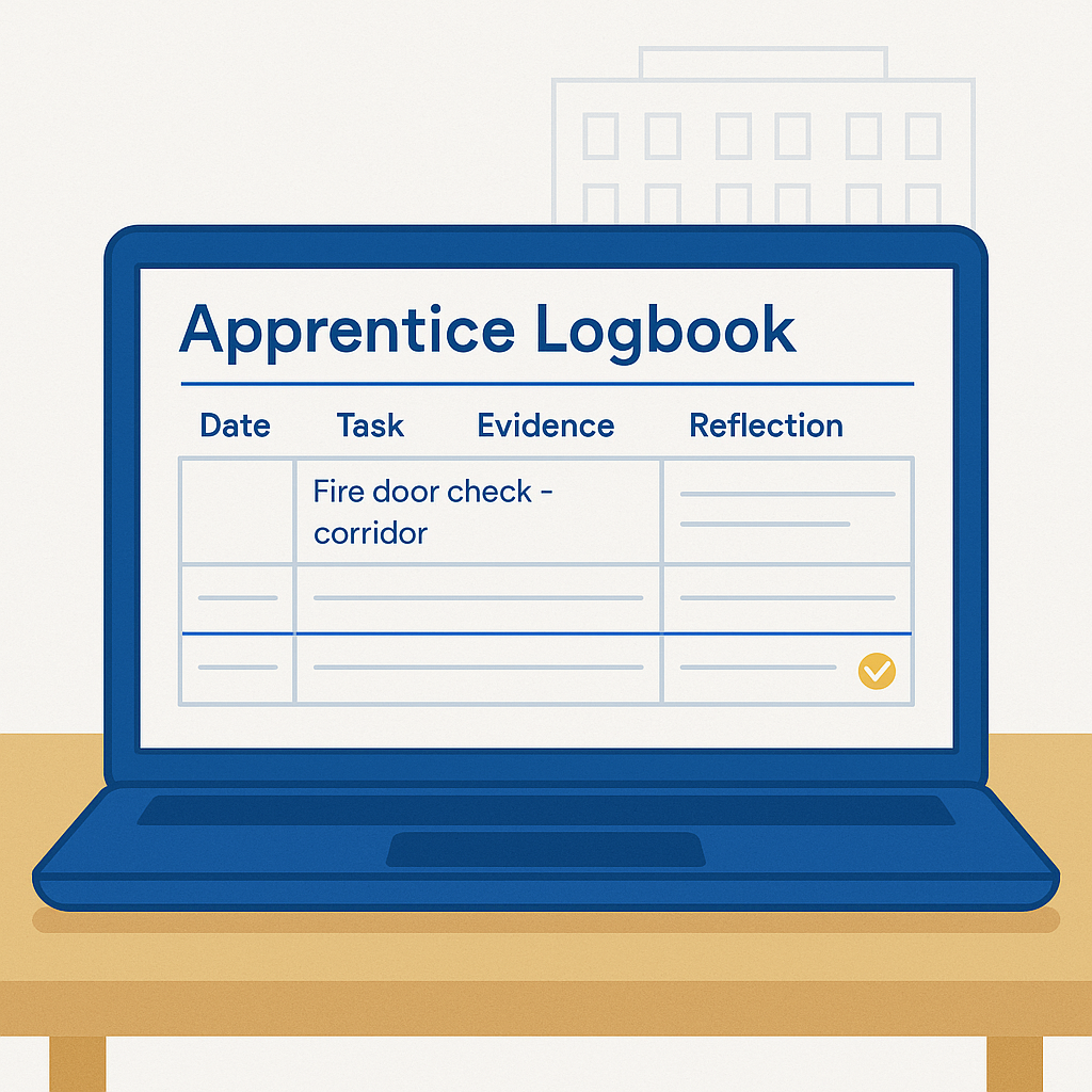 Digital apprentice logbook screen showing structured fields for task details, evidence, reflection and mentor sign off