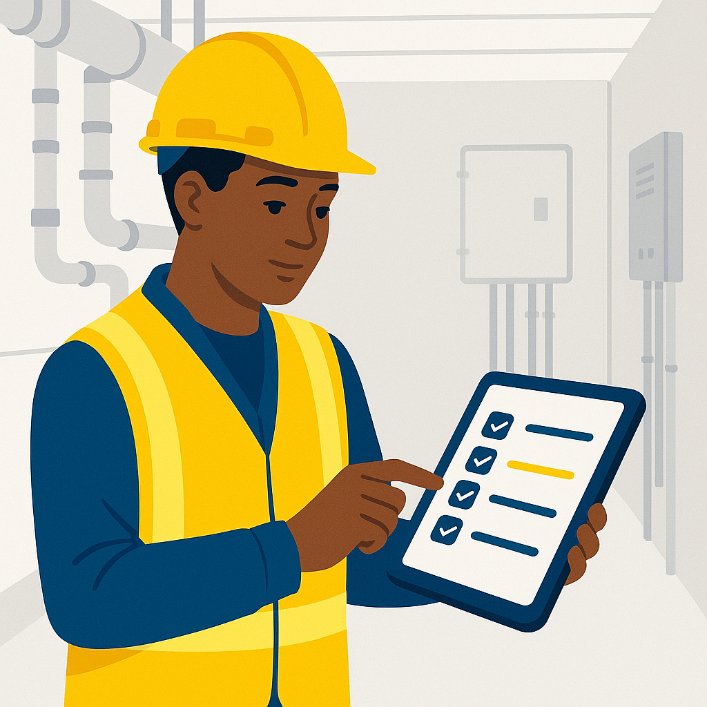 Safety, Health and Environment technician apprentice checking a risk assessment on a tablet in a plant room corridor