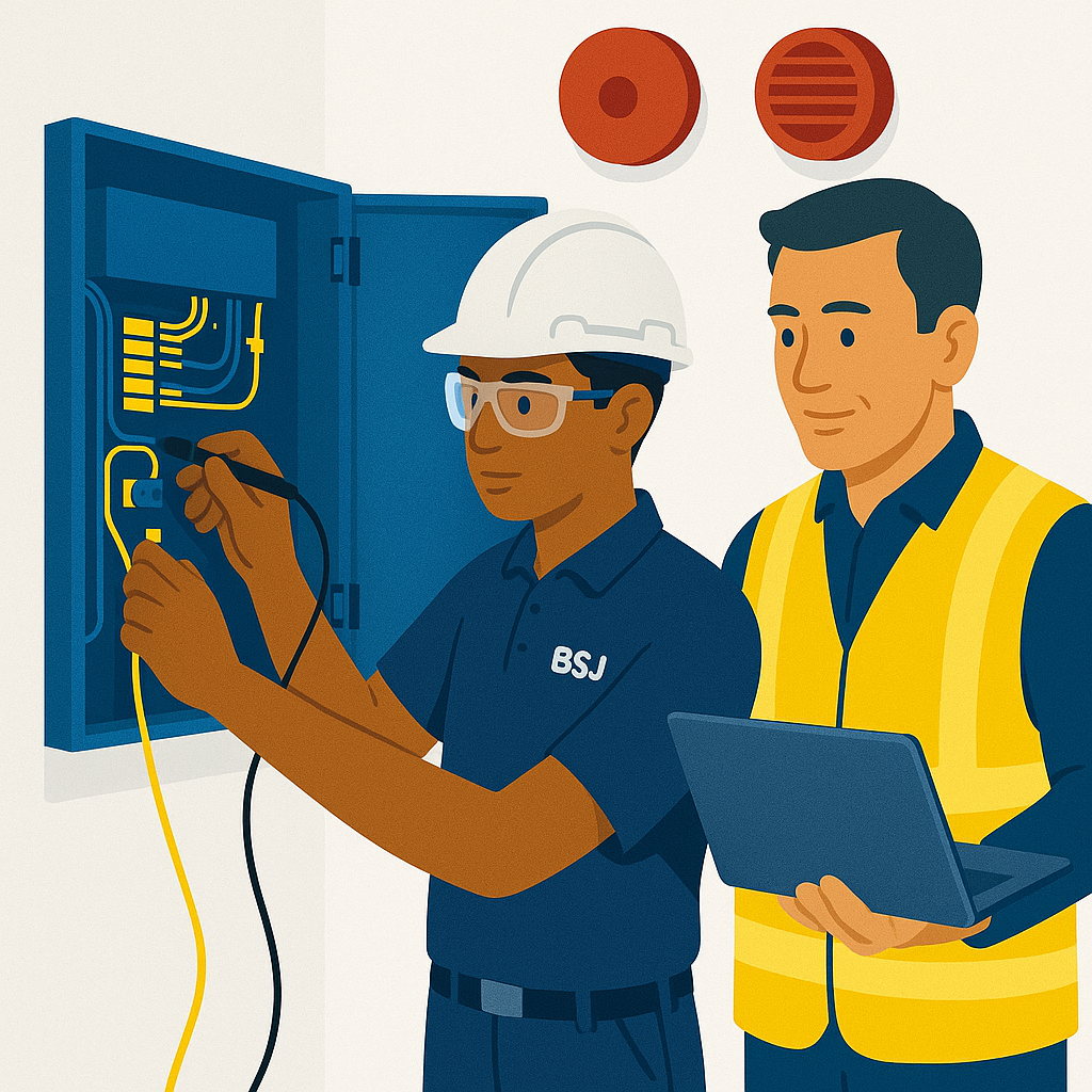 Fire and security systems apprentice testing a fire alarm panel with a senior engineer, capturing evidence for sign off