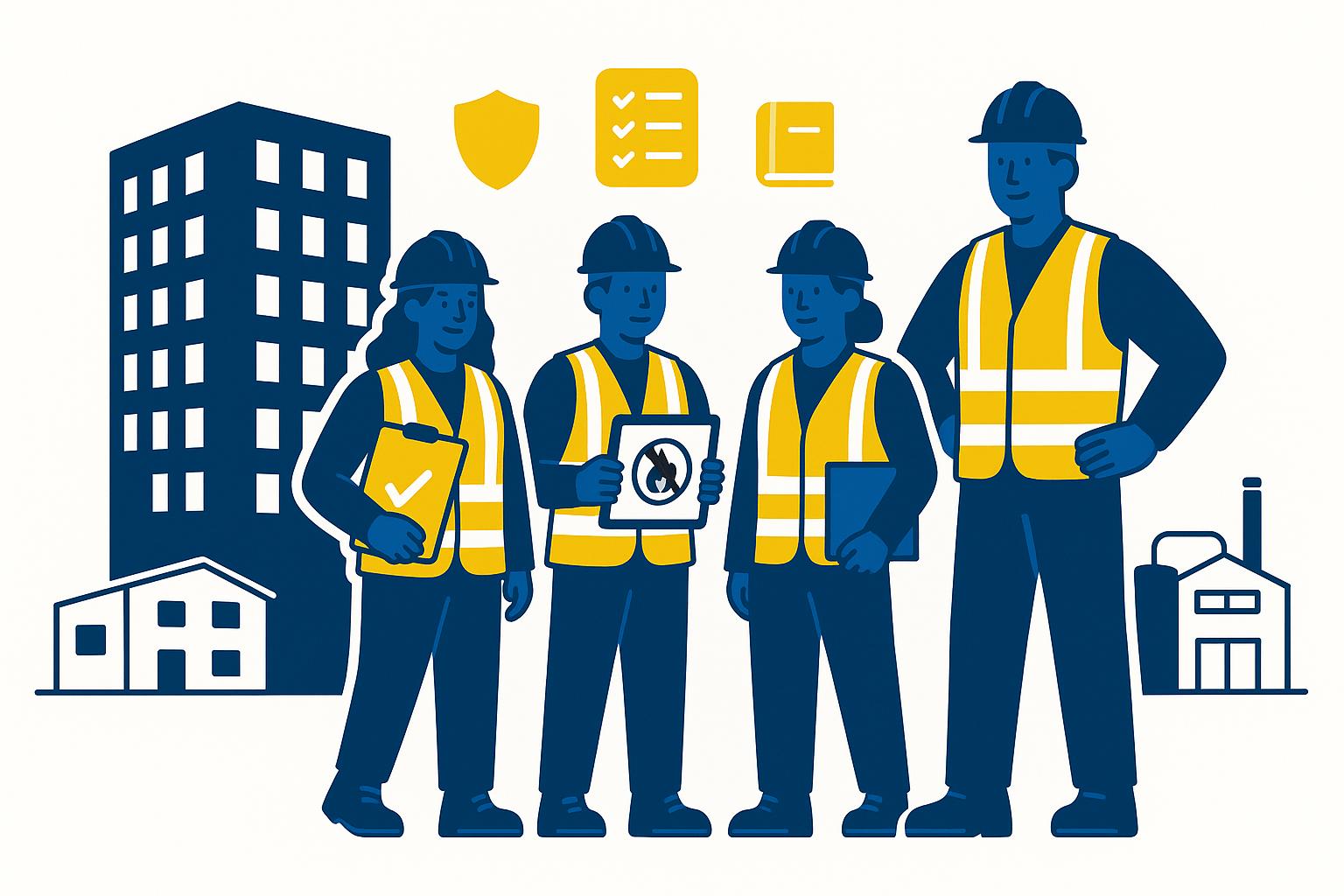 BSJ-style flat illustration of young apprentices in PPE standing by a modern building and plant room outline with safety icons above them, representing safety fundamentals