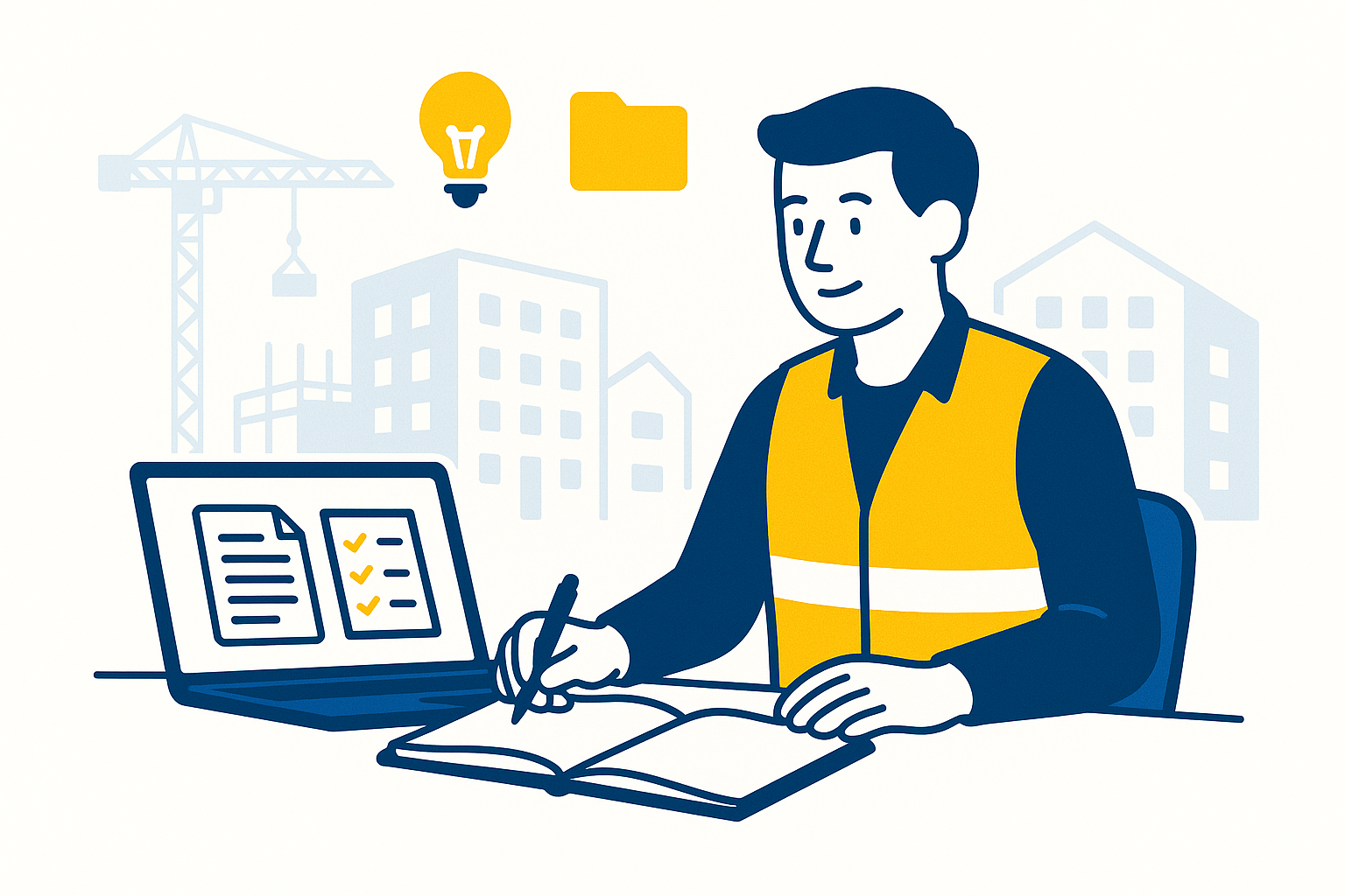 Young new starter in high-vis at a desk with laptop and notebook, with subtle building safety icons behind them showing they are entering a safety career