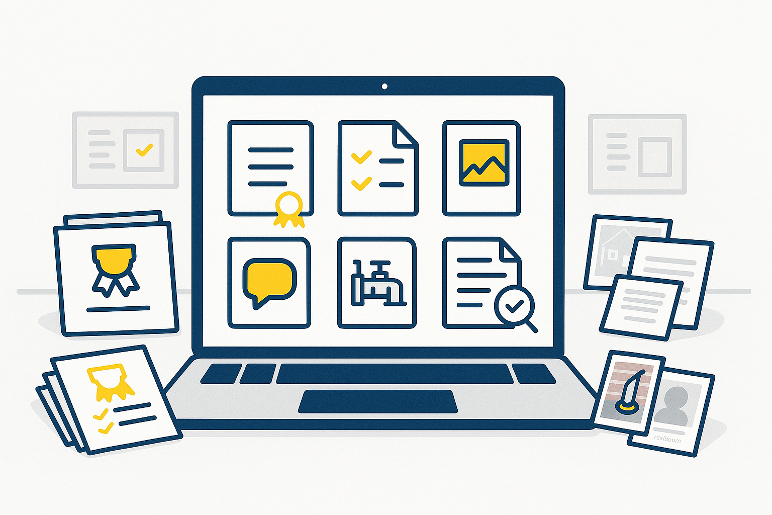 Flat illustration of a laptop and desk showing grouped icons for certificates, checklists, photos, resident notices and plant room checks, representing a fire basics evidence portfolio