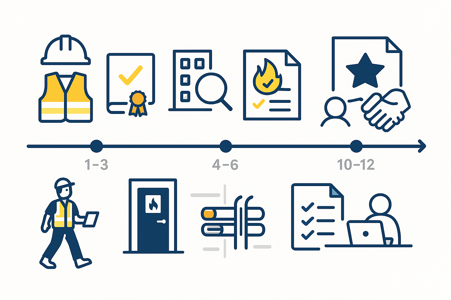Flat BSJ-style horizontal roadmap showing four stages marked by icons for PPE and training, FRA support, fire stopping and resident communication, and portfolio review over 12 weeks