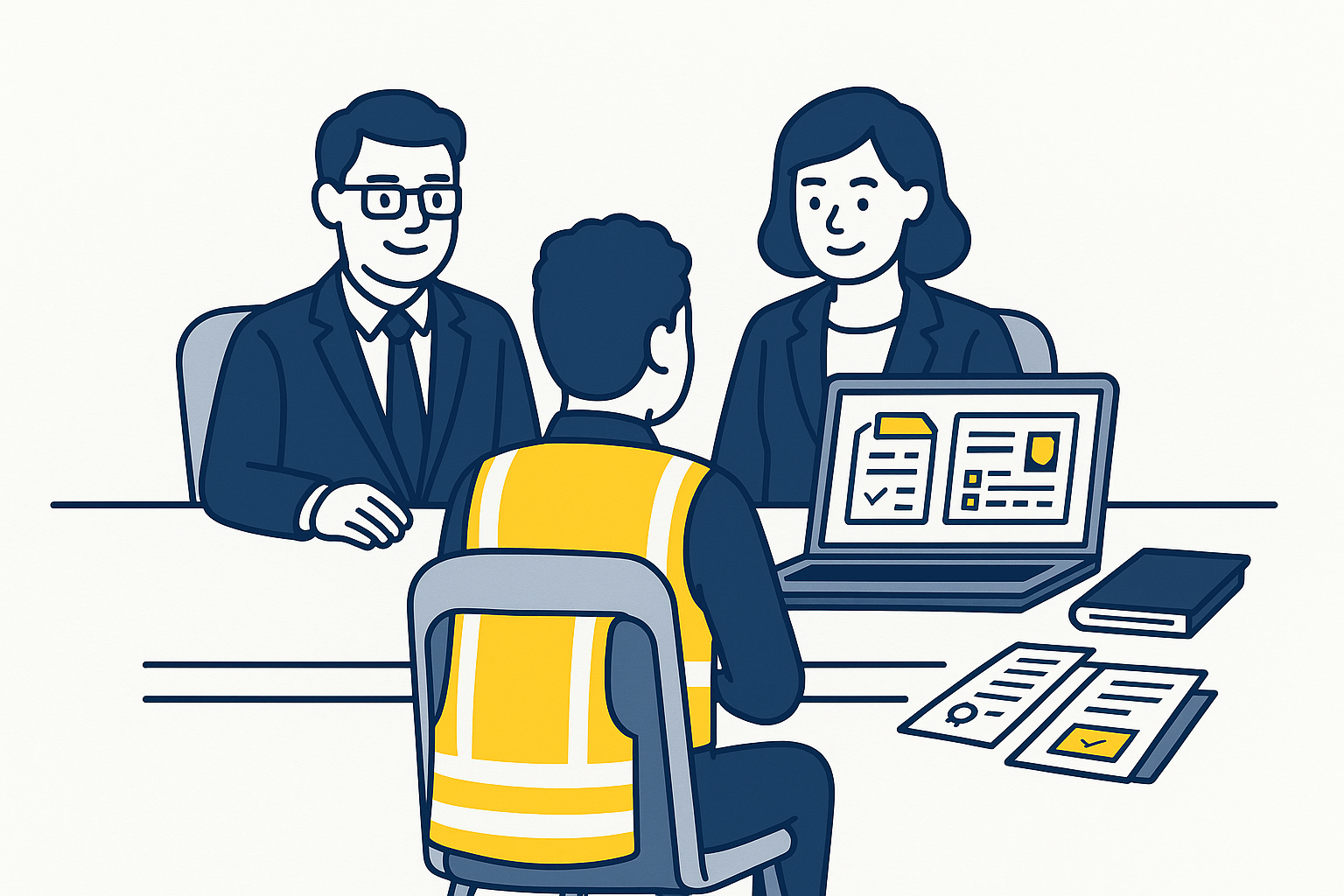 Flat illustration of a candidate in an interview showing a laptop with evidence and certificates to two interviewers, representing interview preparation with a fire safety portfolio