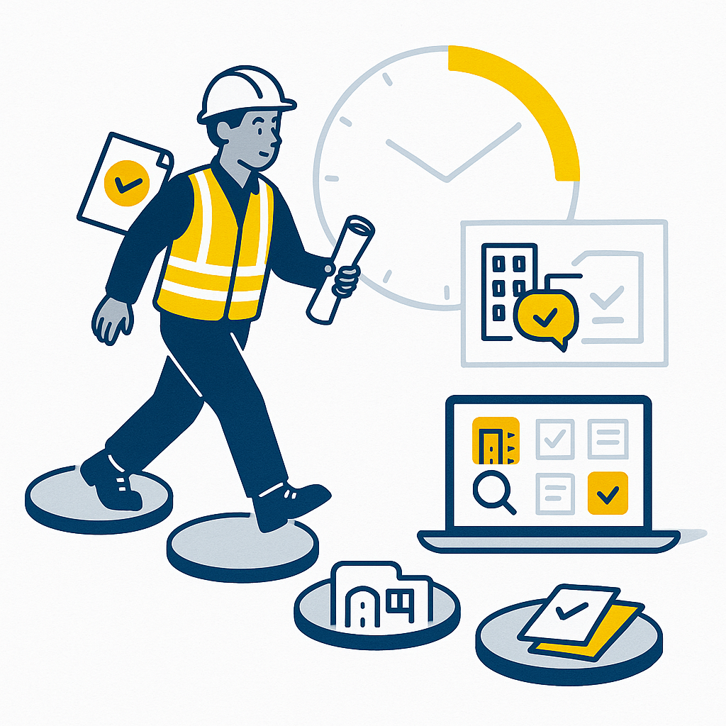 BSJ-style image of an apprentice in PPE walking along stepping stones marked with icons for training, FRA support, resident notices and a portfolio, with a 30-day calendar arc above