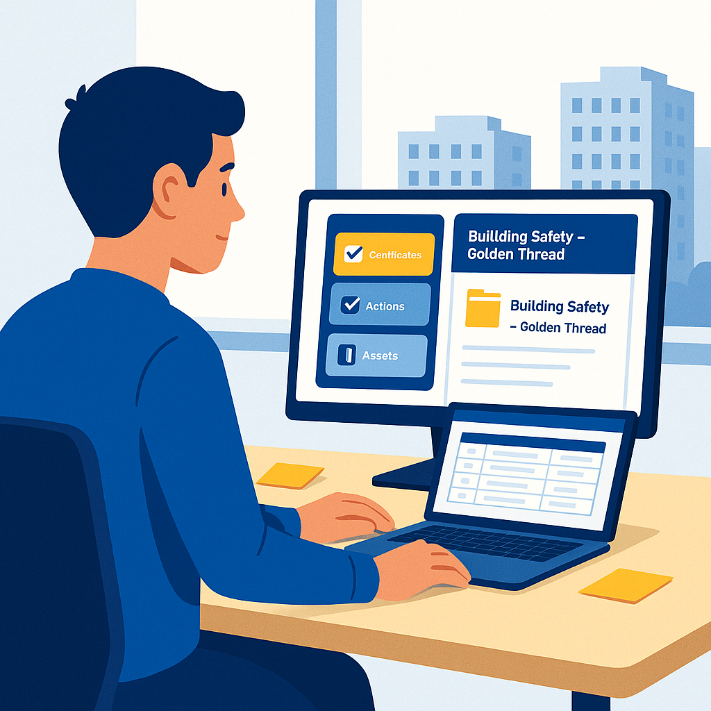 Young digital safety apprentice reviewing a building safety dashboard and folder structure on a computer in a modern office