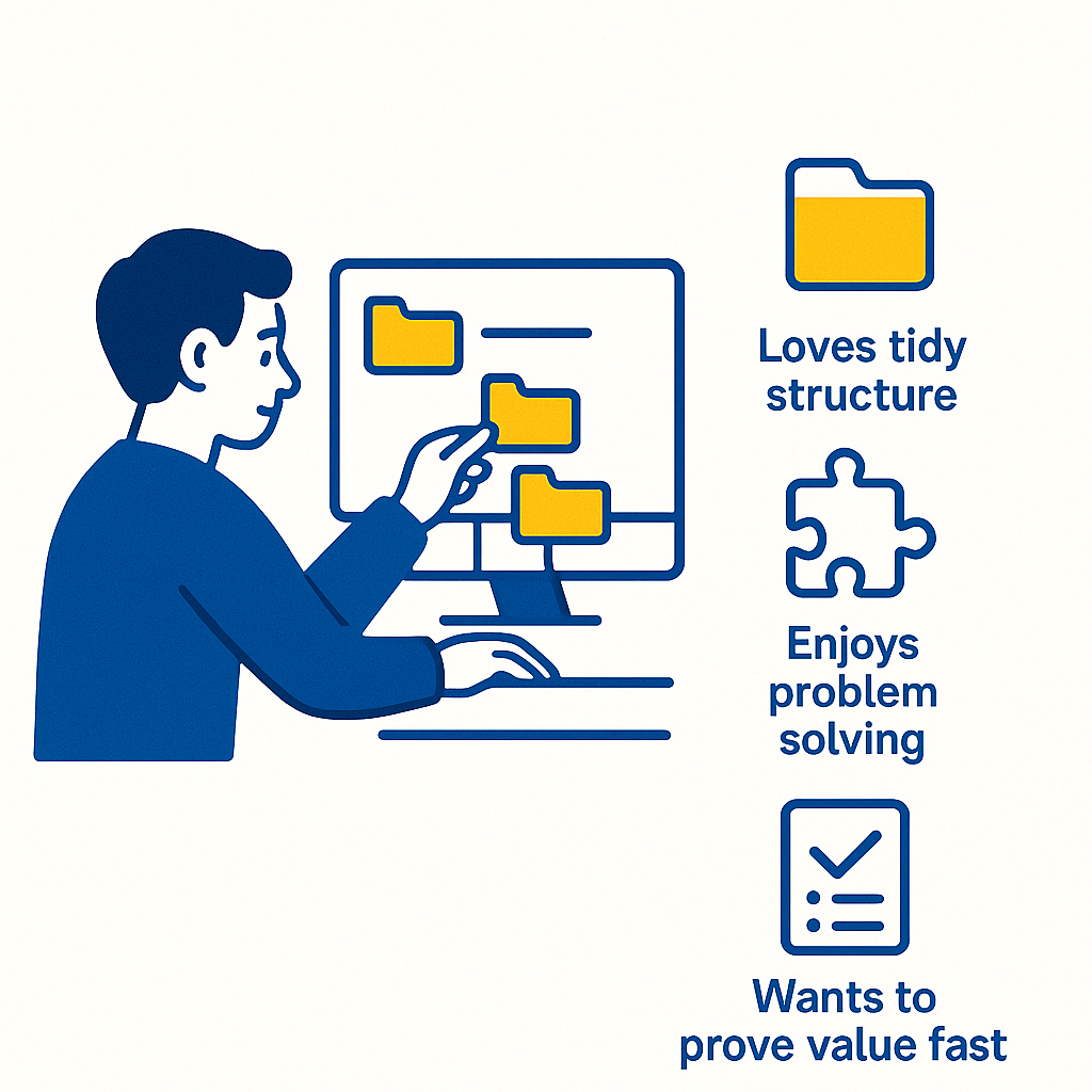 Infographic showing a digital-minded junior worker surrounded by icons for data, folders and checklists to illustrate who digital safety roles suit