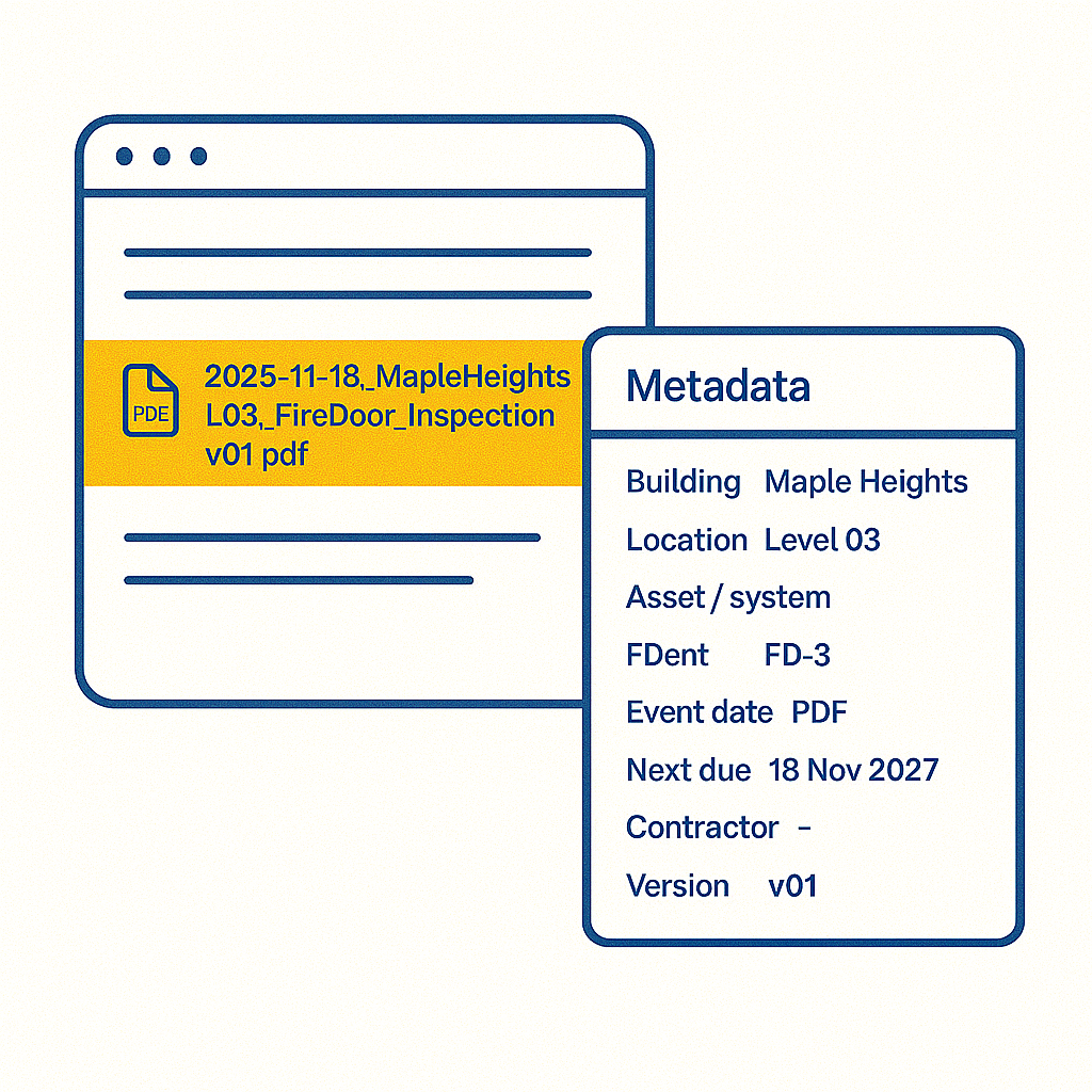 Digital Safety Screenshot-style graphic of a file list and metadata panel showing a well-structured fire door inspection filename and fields like building, location and asset ID