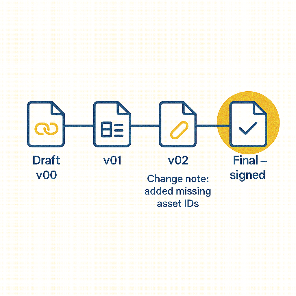 Digital Safety Version control diagram showing a file progressing from draft to v01, v02 and final with change notes beneath