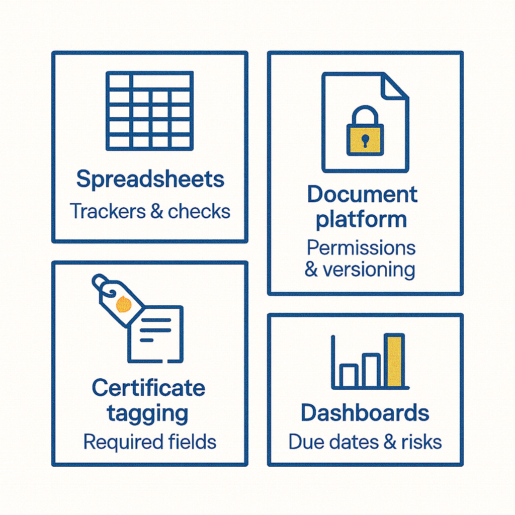 Comparison graphic showing spreadsheets, document platforms, certificate tagging and dashboards as tools for digital safety work