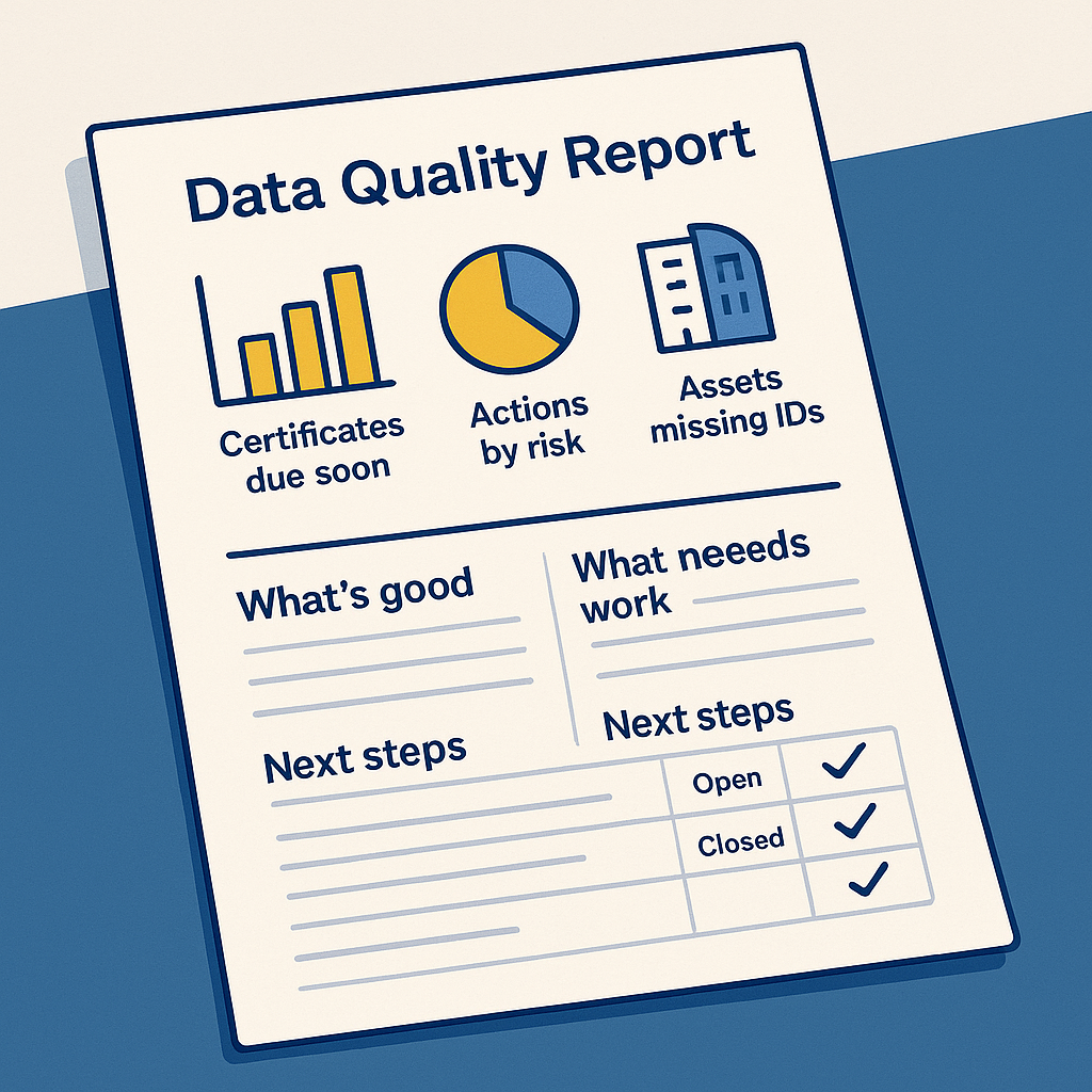 One-page report layout with three small charts and short text blocks summarising certificates due, actions by risk and assets missing IDs