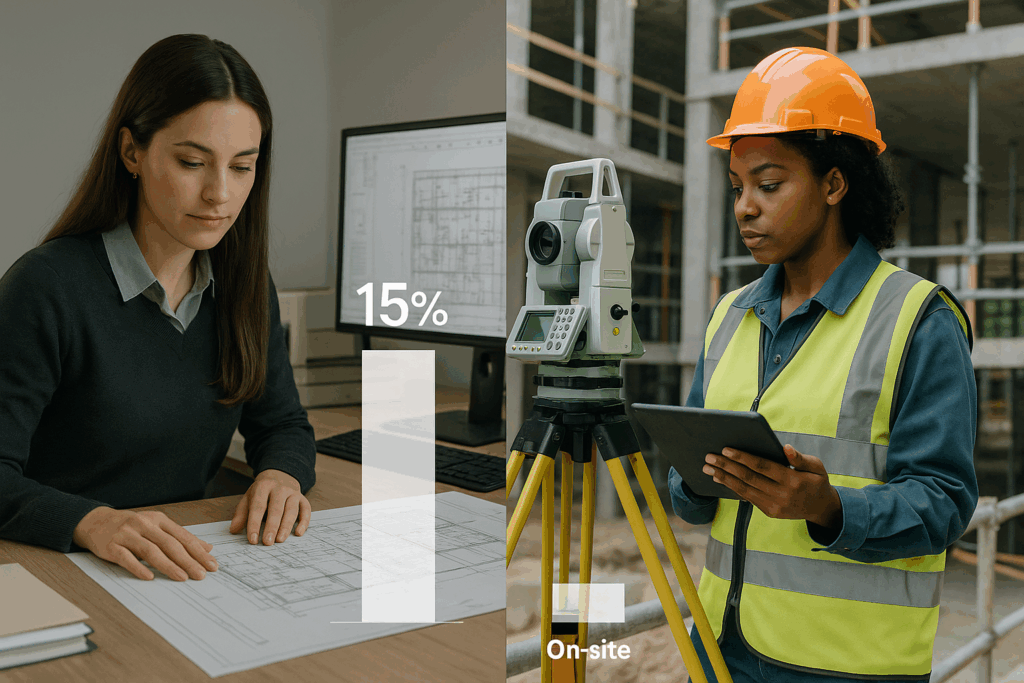 Split image of a Women in Construction in an office role and a woman in PPE on site, with a small bar chart highlighting gaps in on-site representation