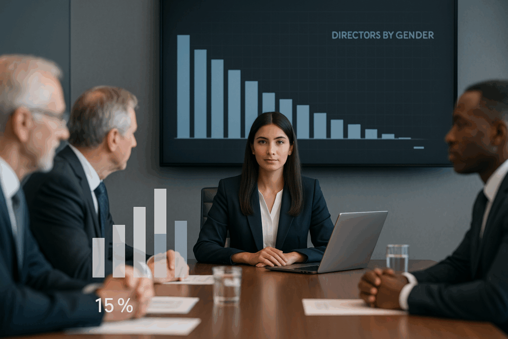 Women in Construction leadership meeting in front of a chart exposing low female representation at executive level
