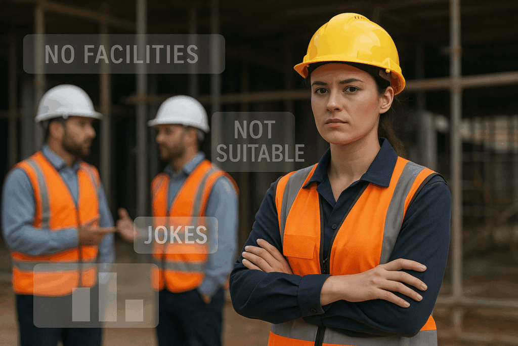 Woman in Construction standing confidently while blurred colleagues talk behind her, hinting at ongoing exclusion and cultural barriers