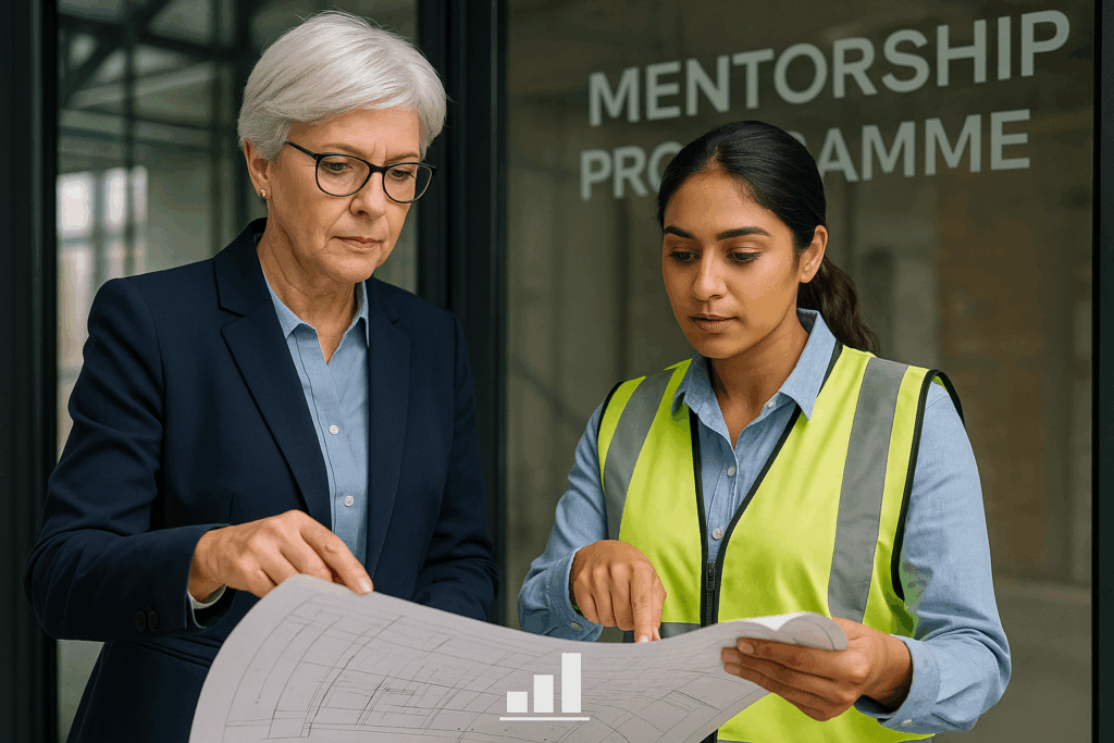 Women in Construction leader mentoring a younger woman over building plans, representing structured support and progress