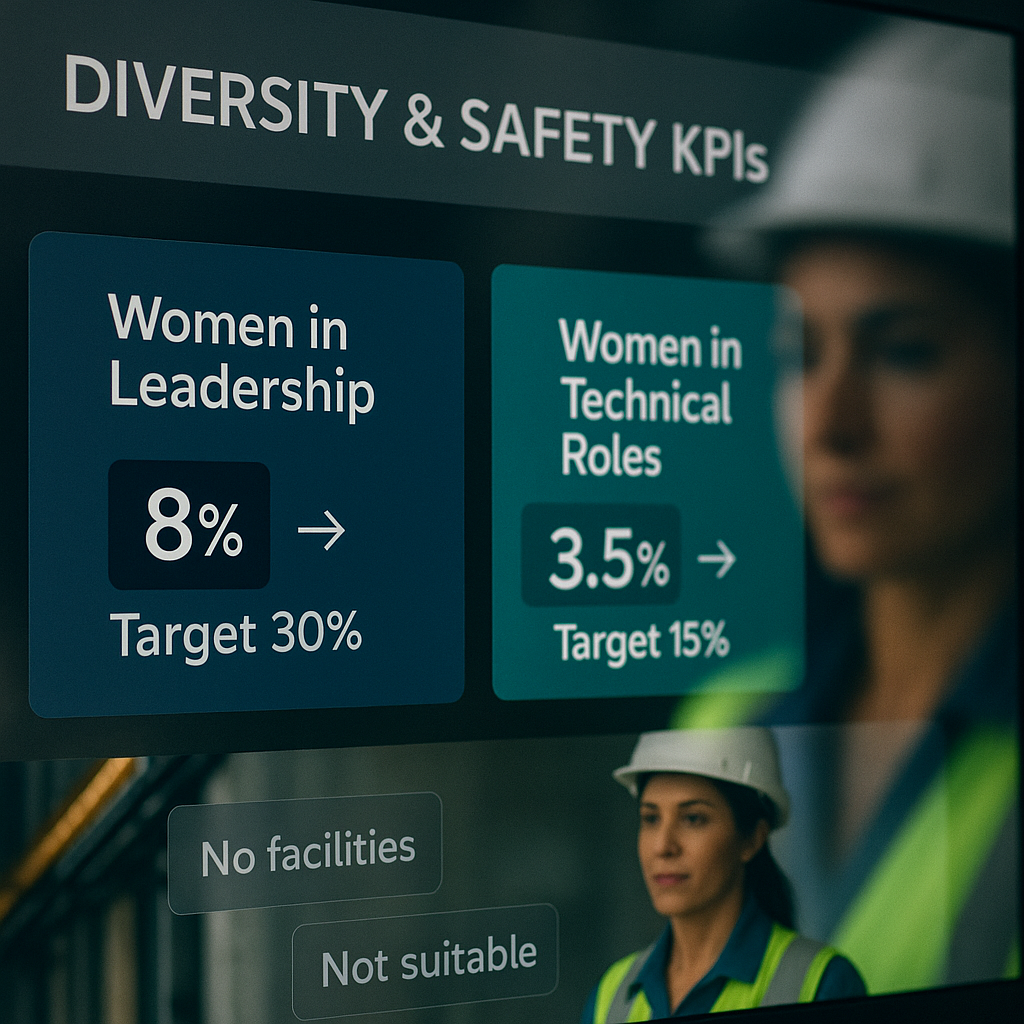 Women in Construction leader reviewing a digital dashboard tracking female representation and safety targets across the business