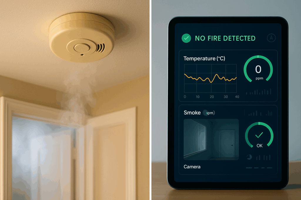 Smart Fire Safety AI Comparison of traditional smoke alarm with steam causing false alarm versus advanced AI fire detection system with integrated data.