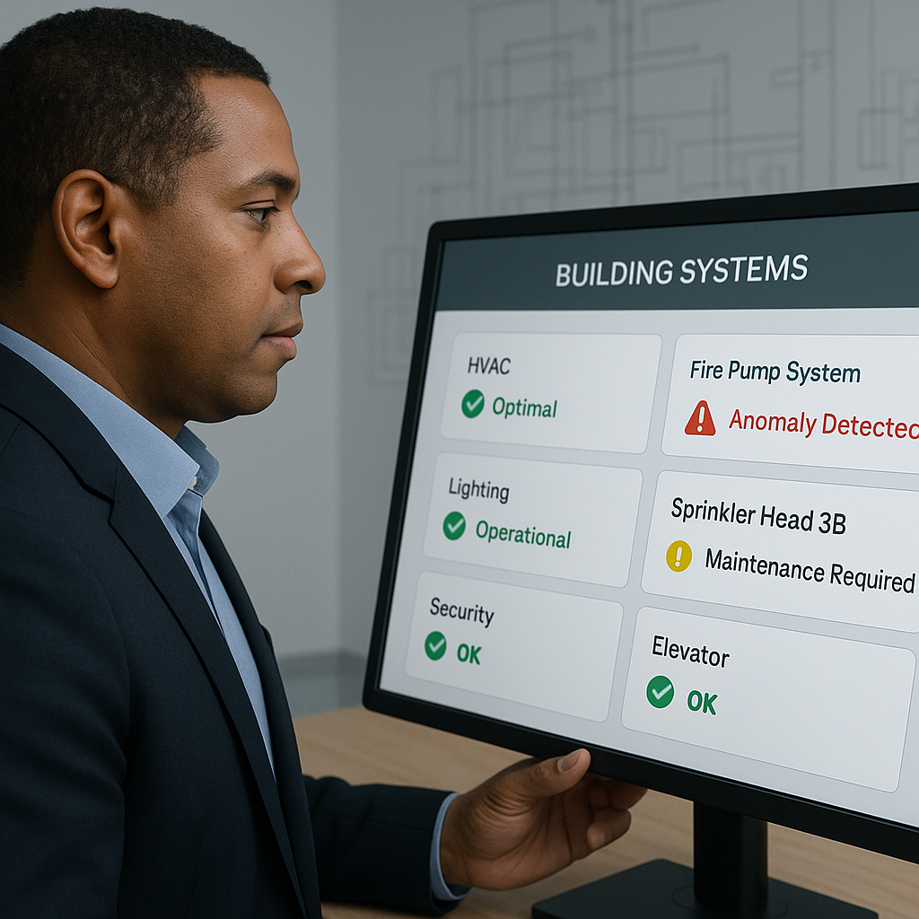 Smart Fire Safety AI Building manager monitors smart fire safety AI dashboard for predictive maintenance alerts on pumps and sprinkler systems.