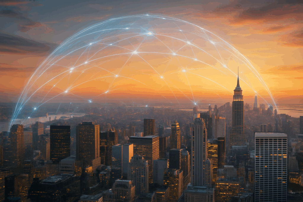 Futuristic city skyline protected by advanced Smart Fire Safety AI technology, showing prevention and security. Smart Fire Safety AI