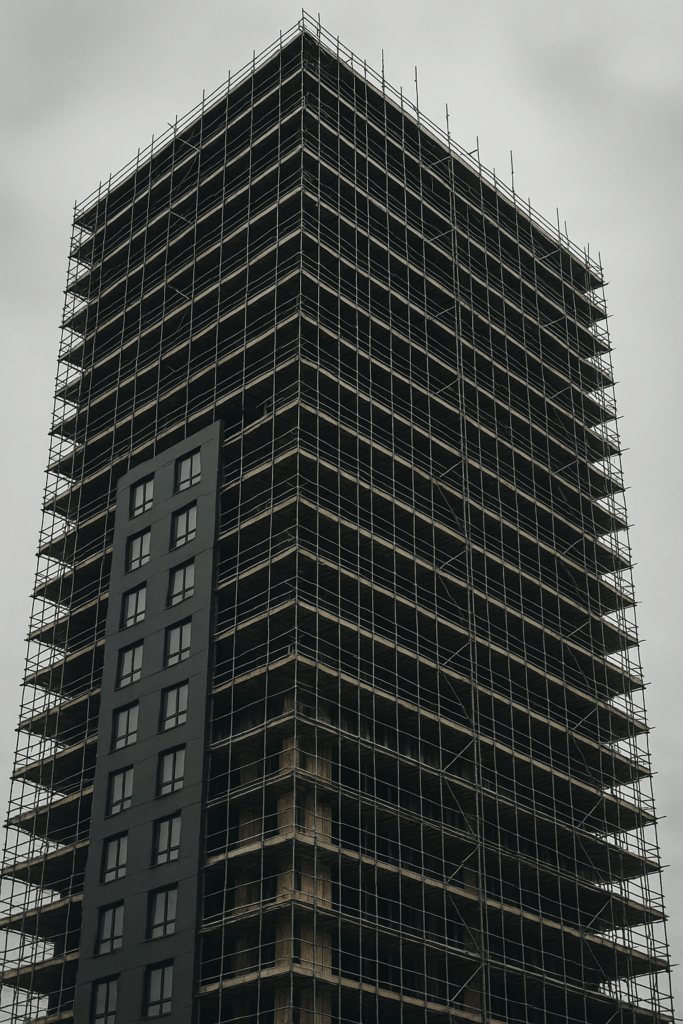 Dense scaffolding wraps a high-rise apartment building, showing patches of removed exterior cladding and exposed structure, symbolizing the slow pace and scale of national remediation efforts.