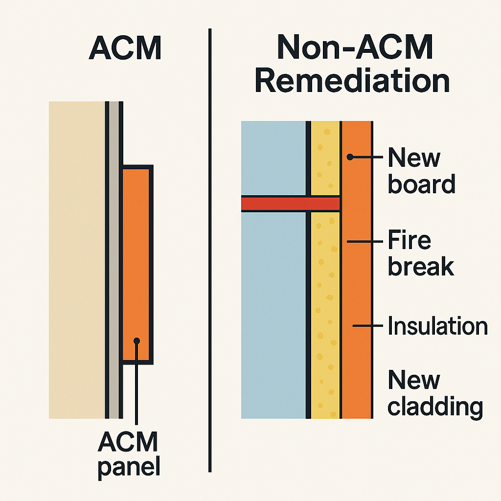 Diagram showing a cross-section of a building wall with complex layers of insulation and fire-stopping materials, illustrating the technical challenge and time required for non-ACM cladding remediation.